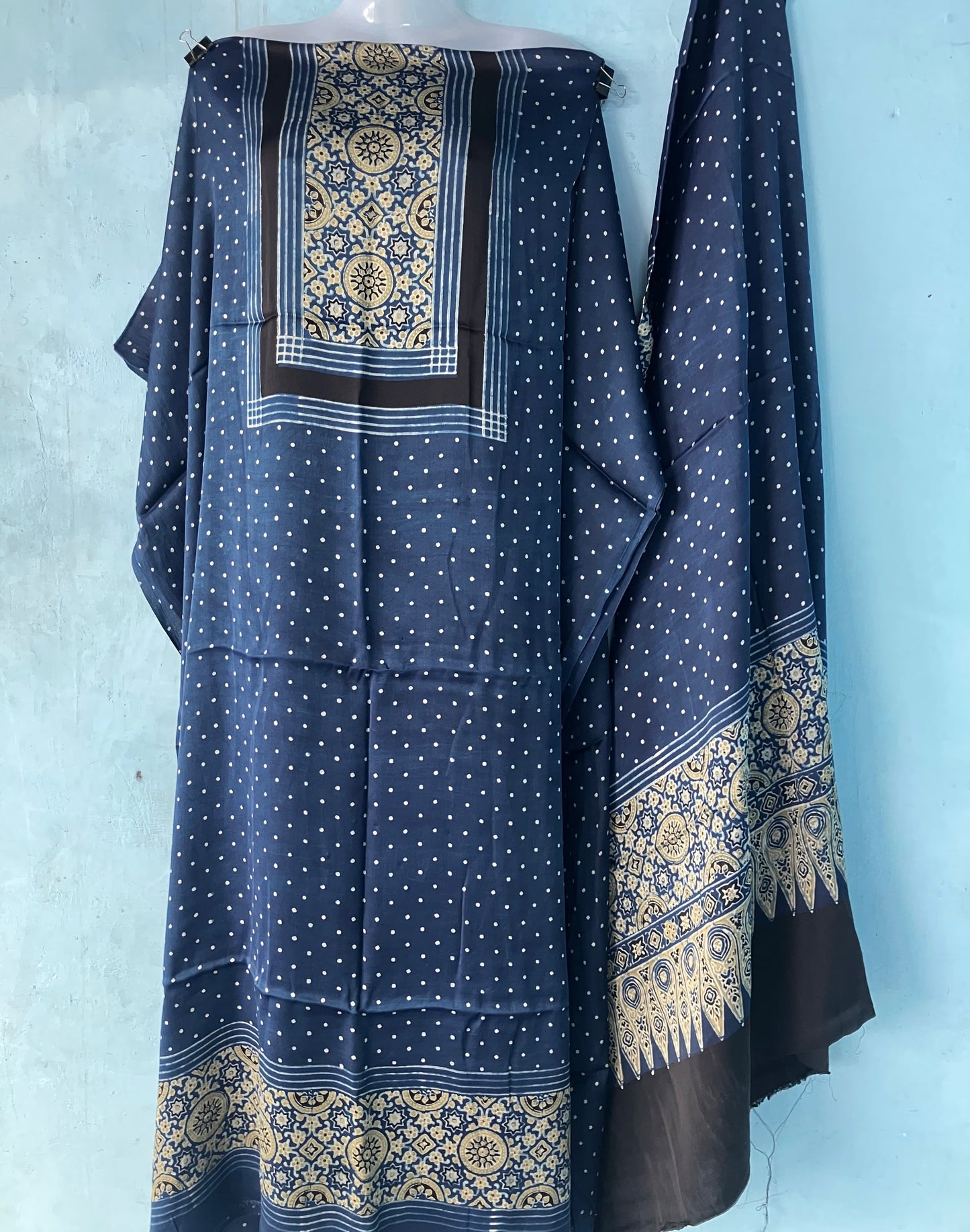 Indigo Dotted Ajrakh Handblock Printed Modal Silk 2 Piece Suit Set