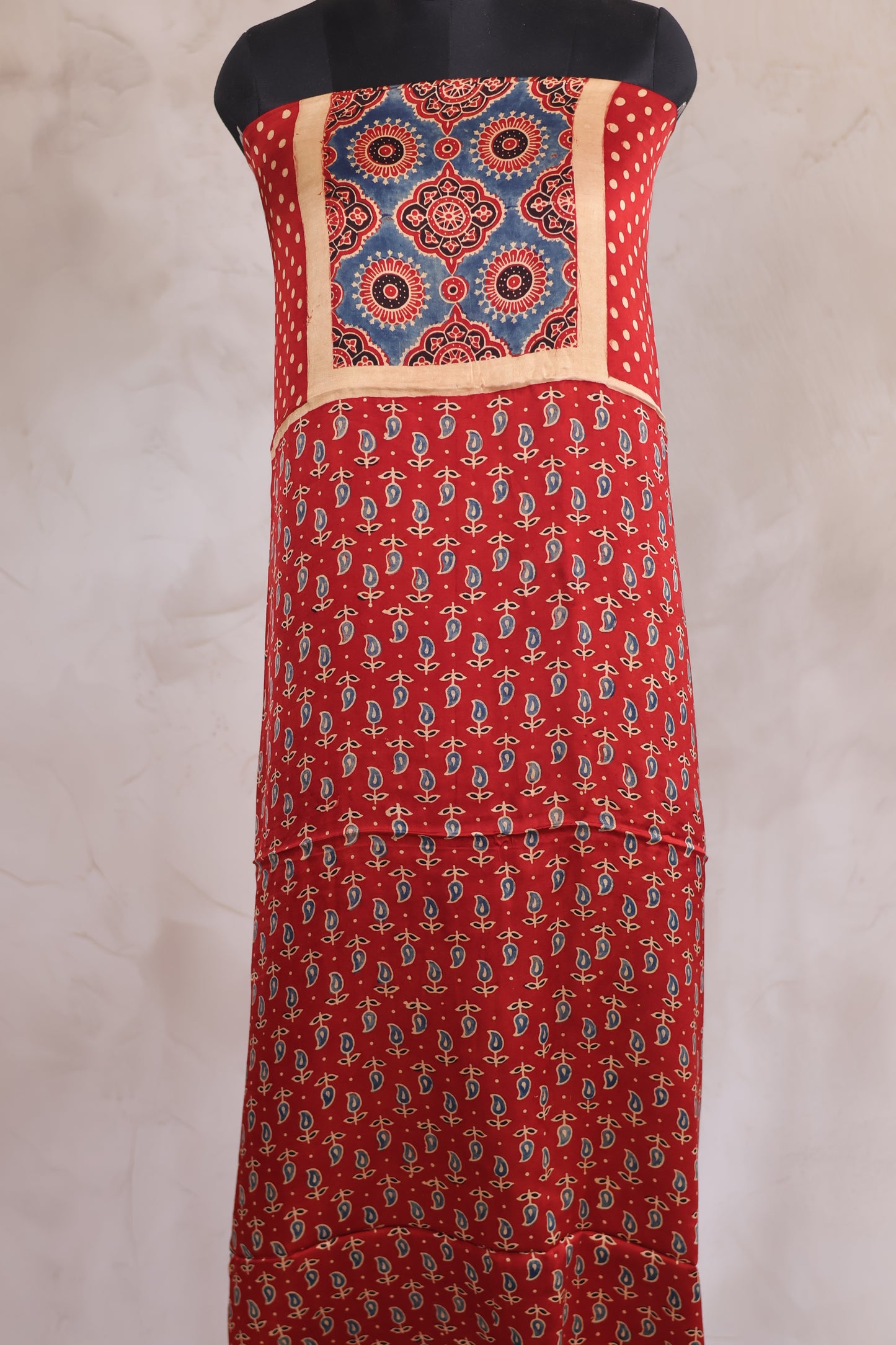 Red Mango motif Ajrakh Handblock Printed Modal Silk 2 Piece Suit Set | Looms & Tassels
