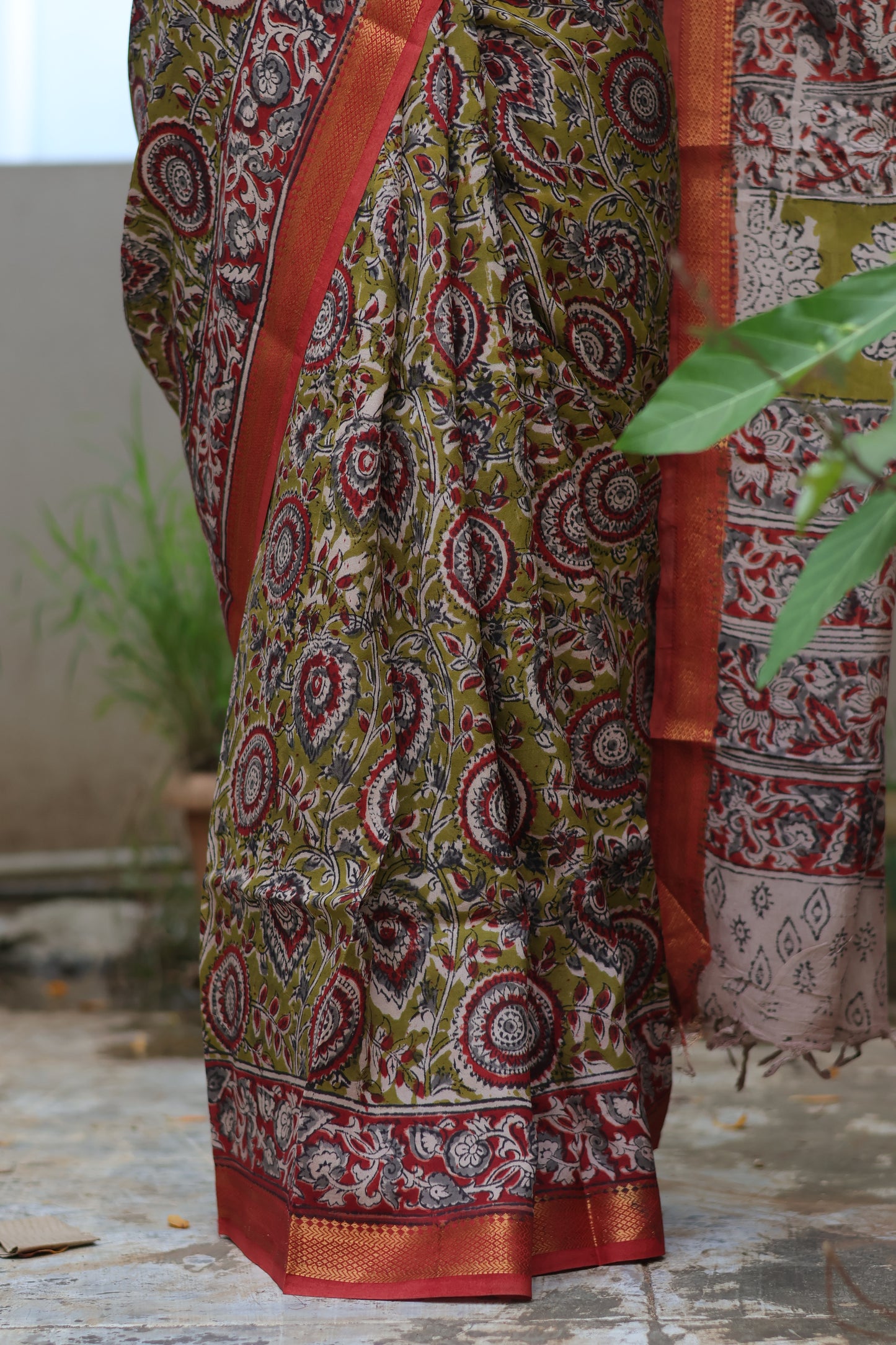Hand Block Printed Kalamkari Nizam Border Silk Saree