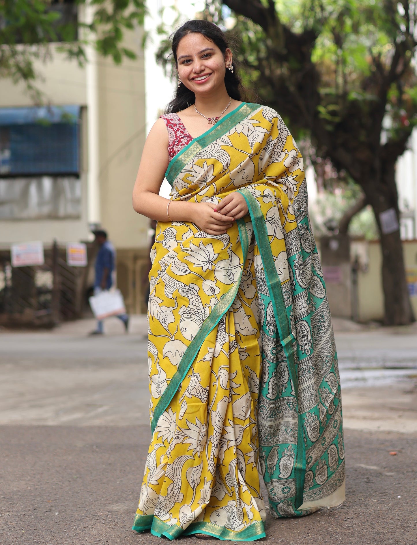 Yellow Nizam Border Kalamkari Silk Saree