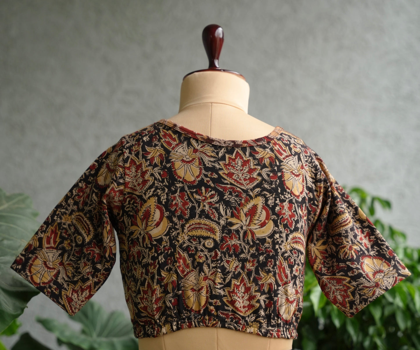 Black Boat Neck Stretchable Hand block printed kalamkari blouse