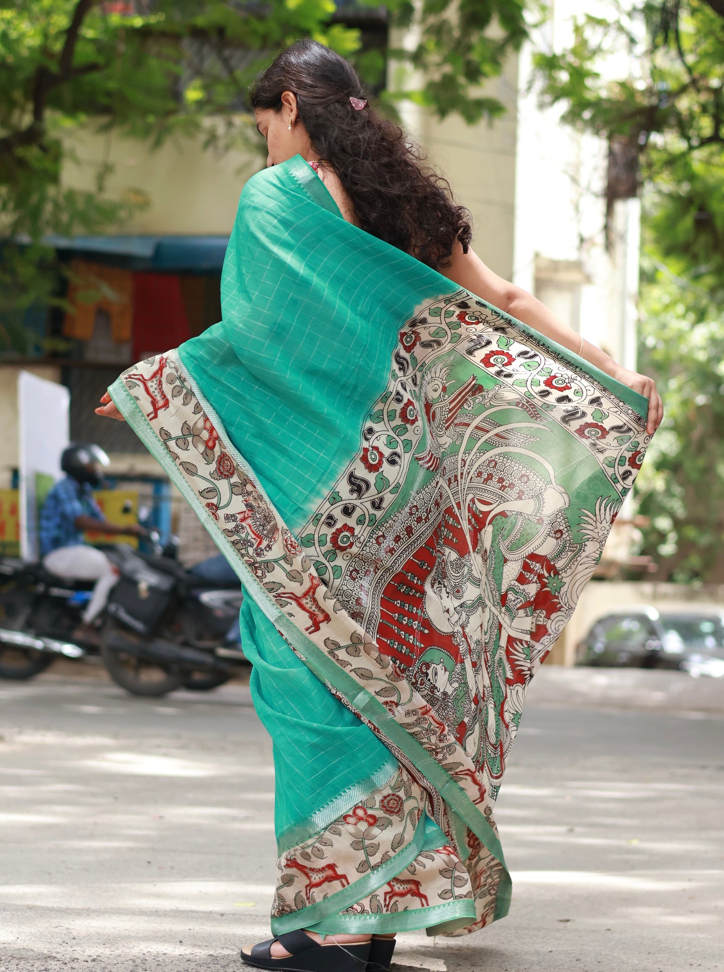 Sea Green Checks Kalamkari dyeing premium chennur silk saree