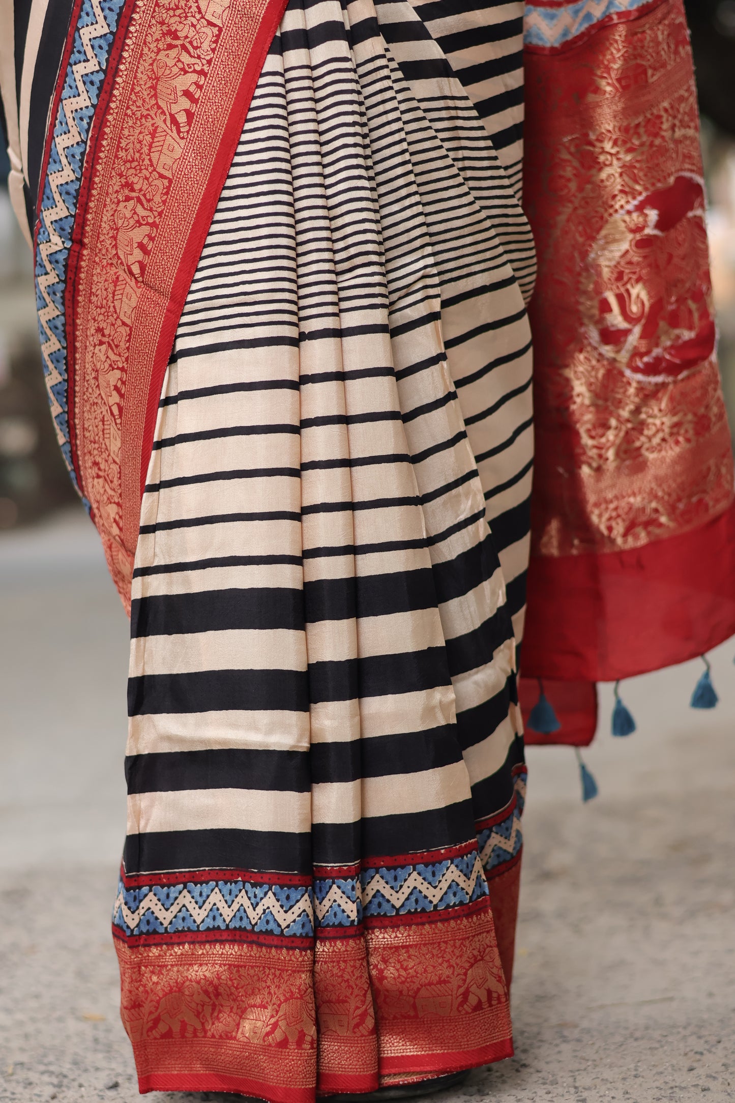 Stripes Contemporary Ajrakh Dola Silk Saree