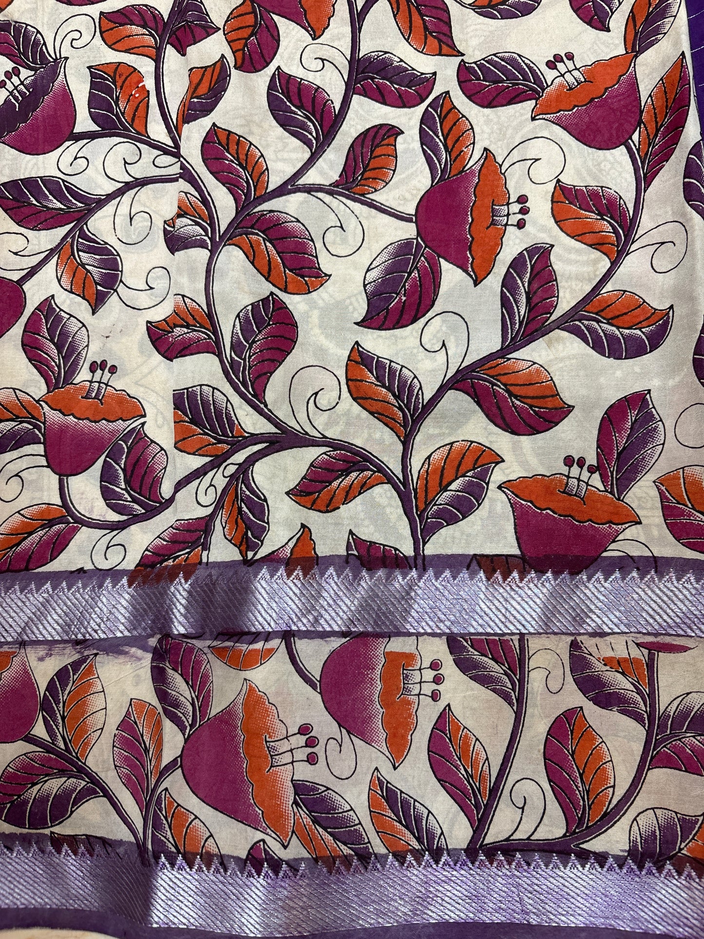 Purple Checks Kalamkari dyeing premium chennur silk saree