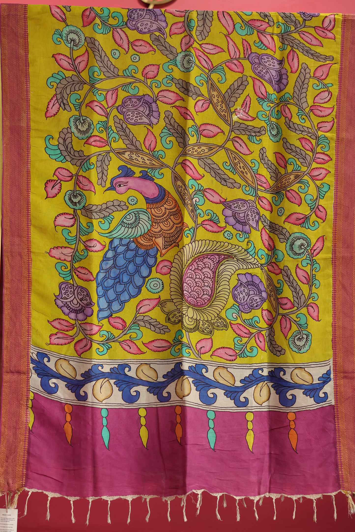 Yellow Pen Kalamkari chennur silk duppata