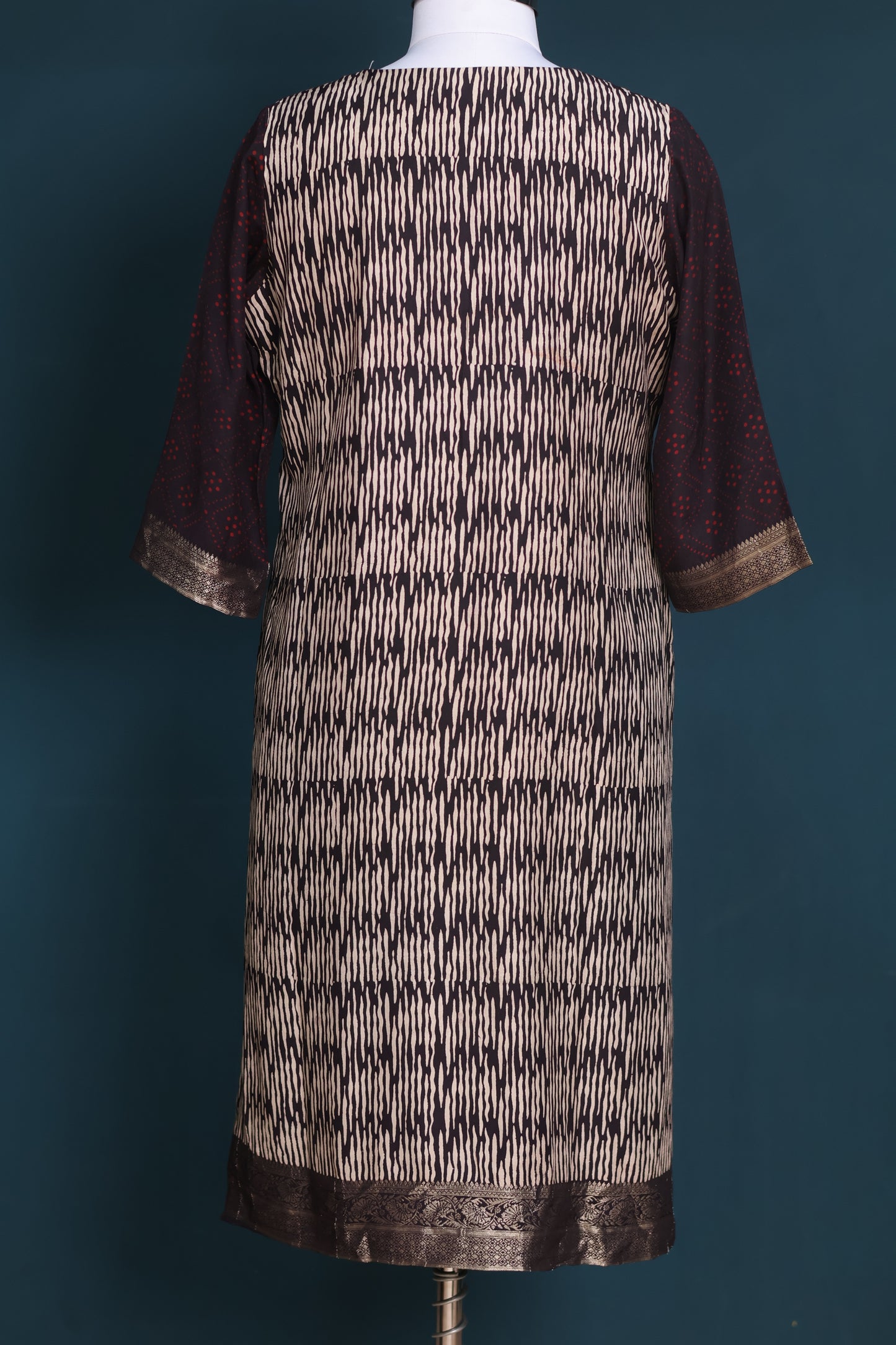 Black Handblock printed Ajrakh dola silk 2 piece suit (stitch