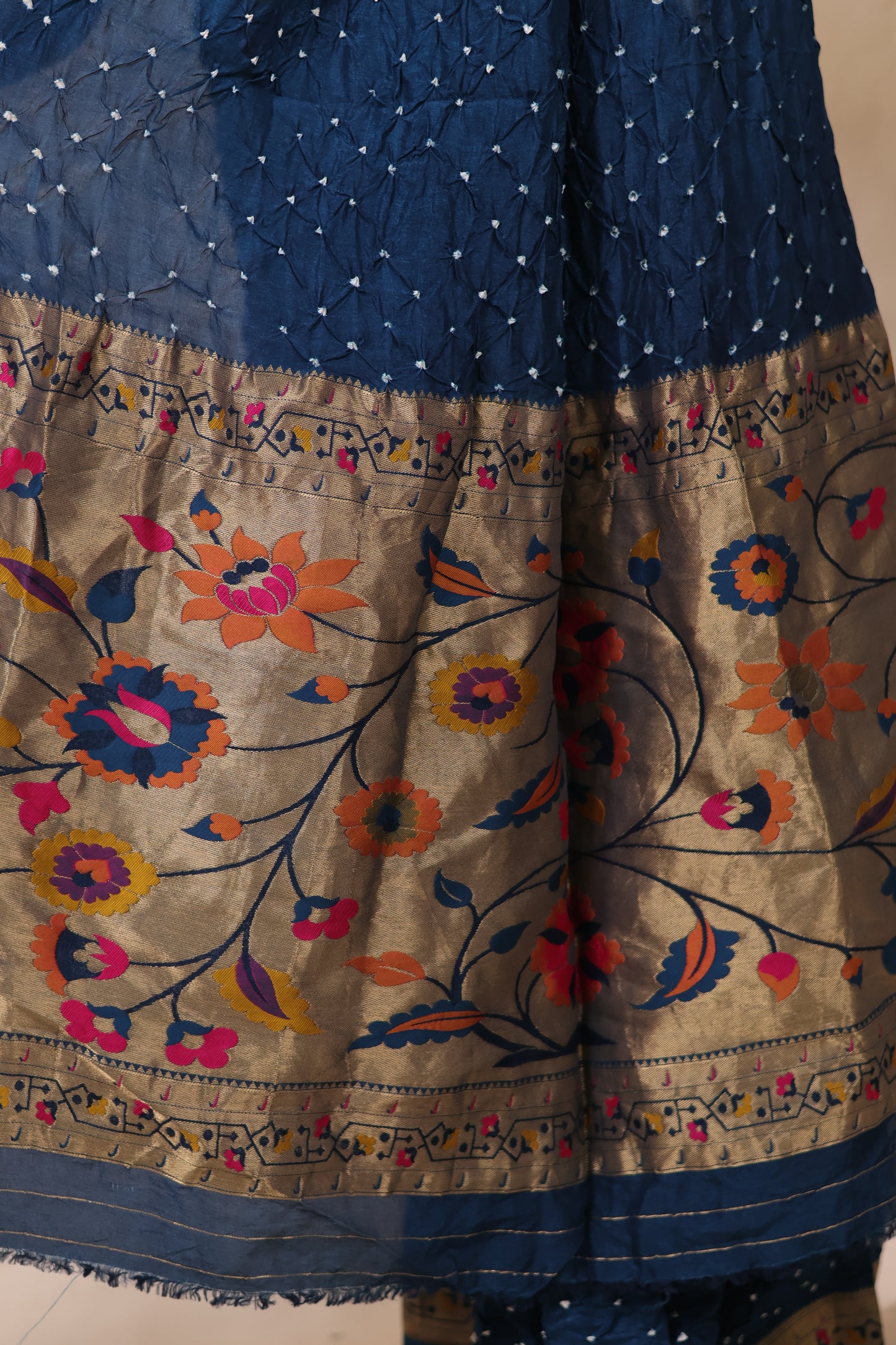 Cyan Blue Handcrafted Bandhani Paithani Dola Silk Saree | Looms & Tassels