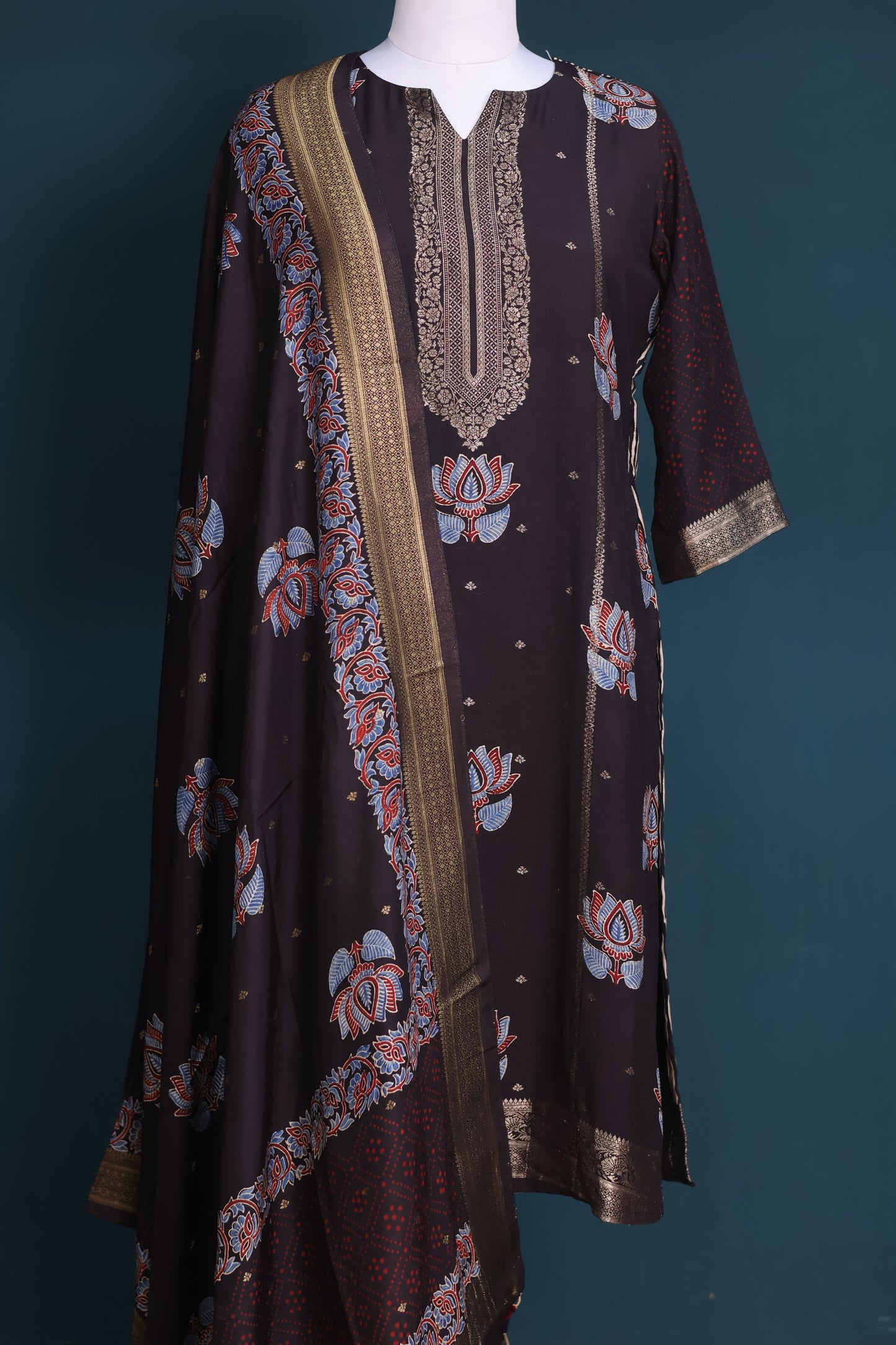 Black Handblock printed Ajrakh dola silk 2 piece suit (stitch