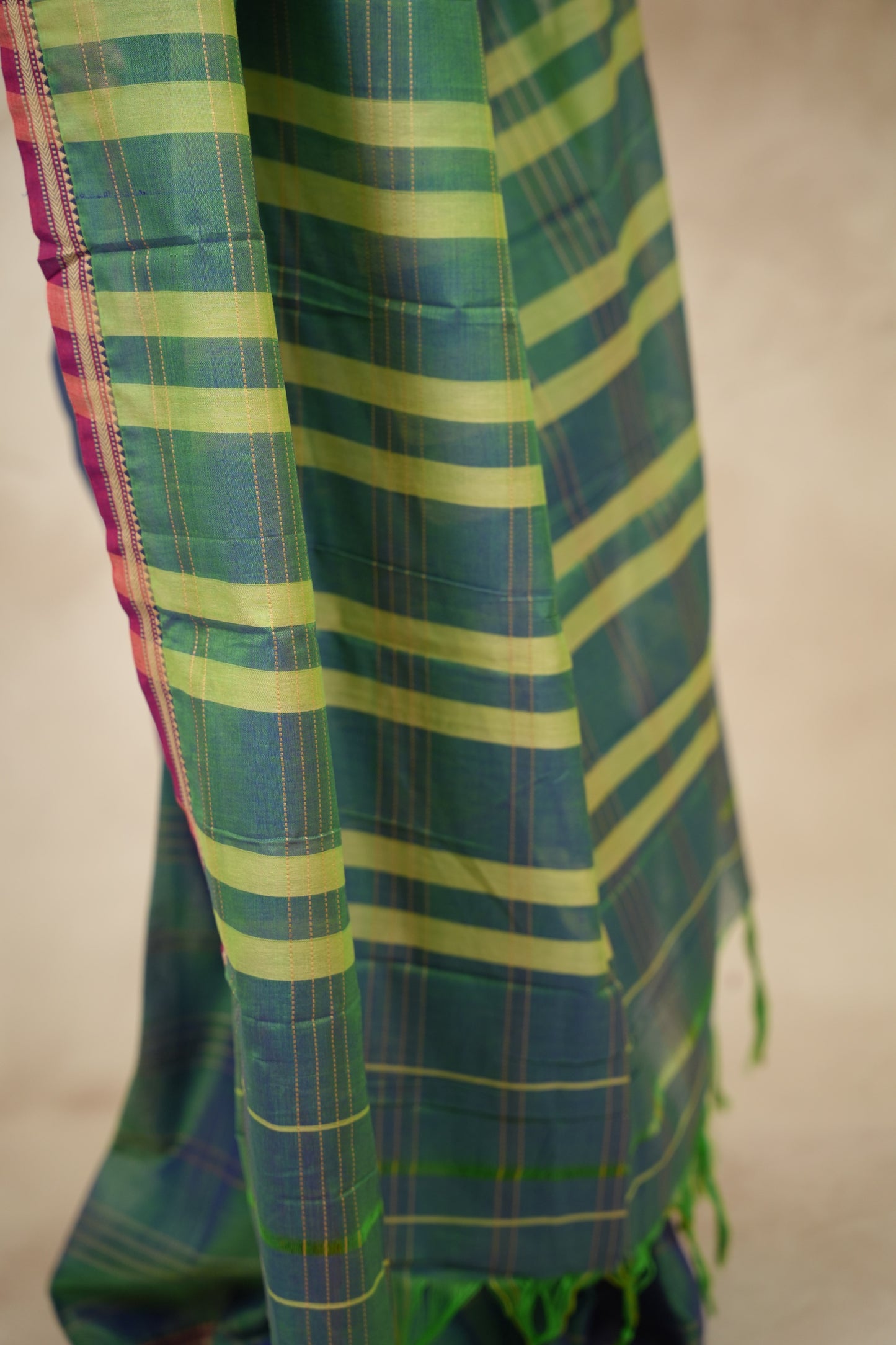 Green Duel Tone Narayanpet Cotton Saree lines weaving | Looms & Tassels