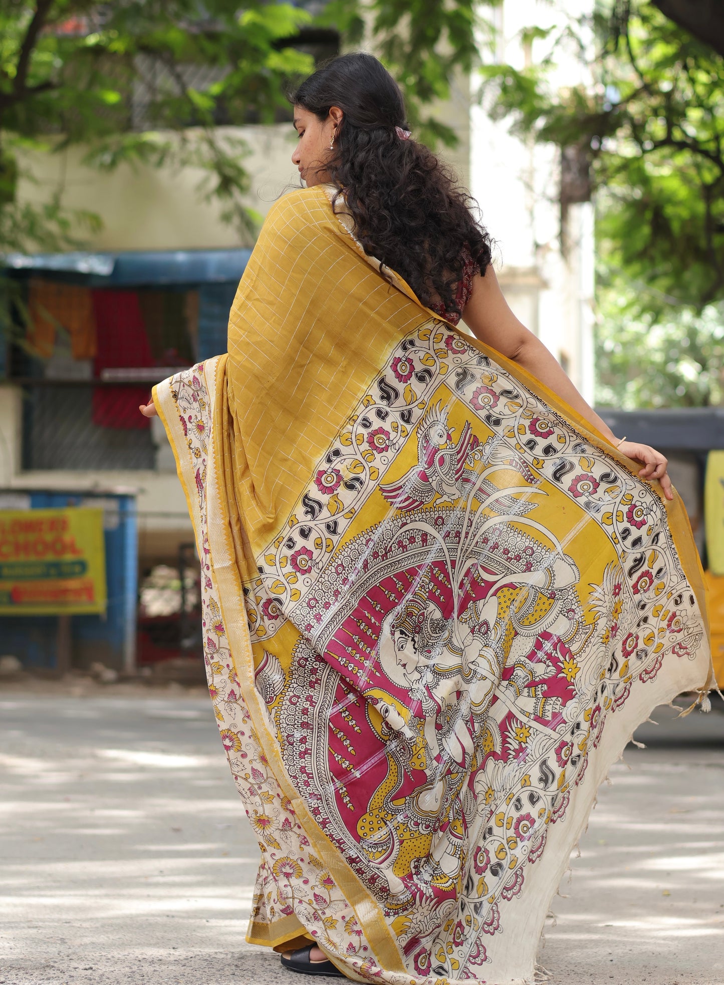 Golden Yellow Checks Kalamkari dyeing premium chennur silk saree