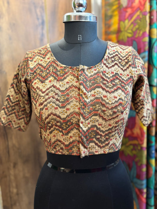 Round neck Stretchable Hand block printed kalamkari blouse with front hooks