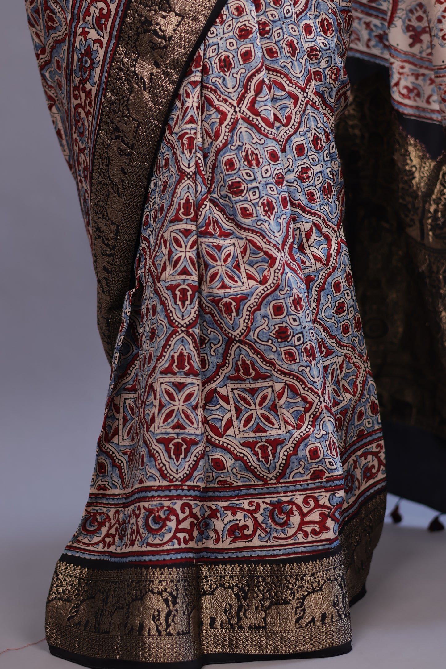 Cream Geometrical & Floral Ajrakh Motifs Handblock printed Dola Silk Saree | Looms & Tassels
