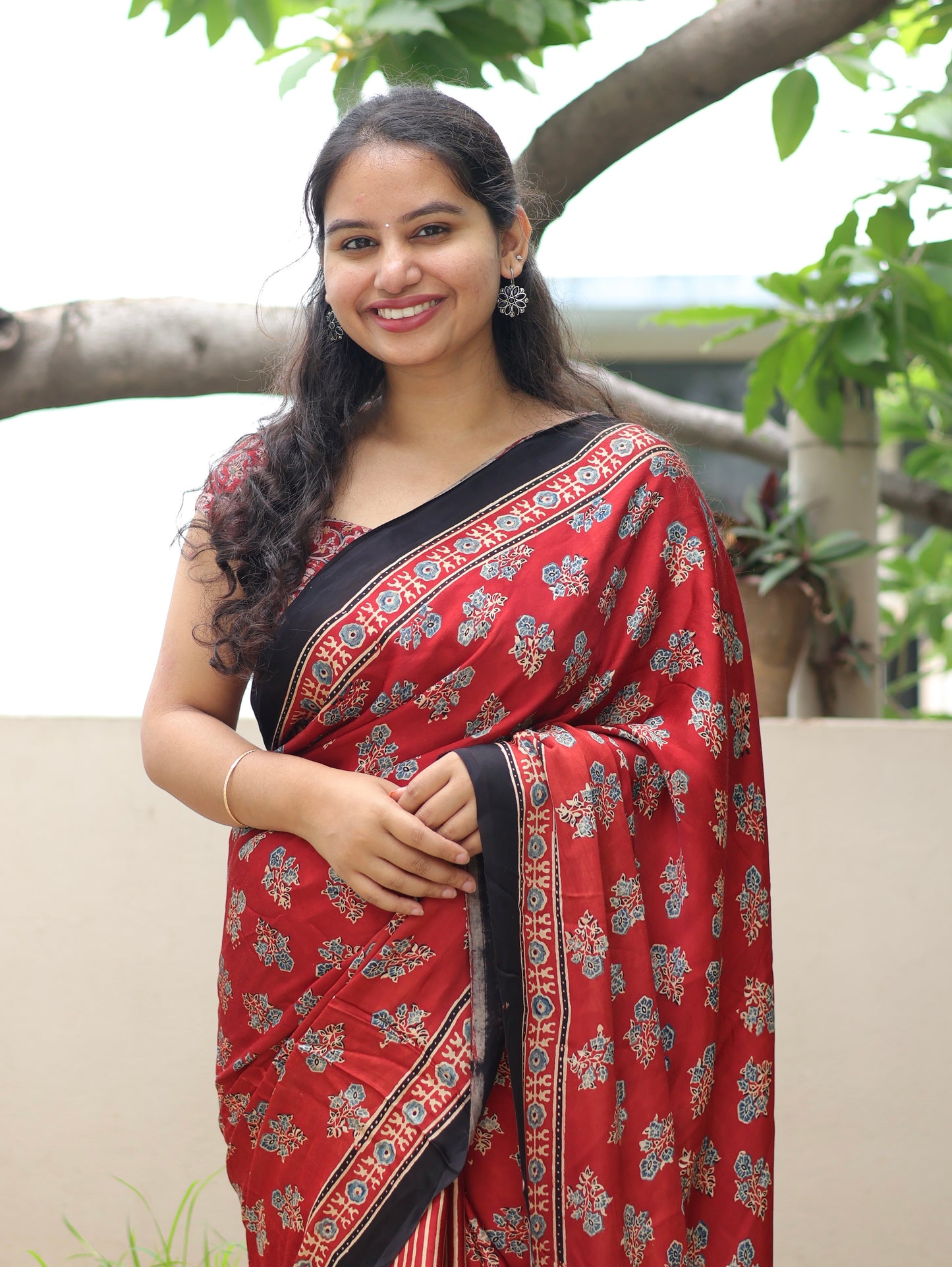 Red Ajrakh Modal Silk Saree