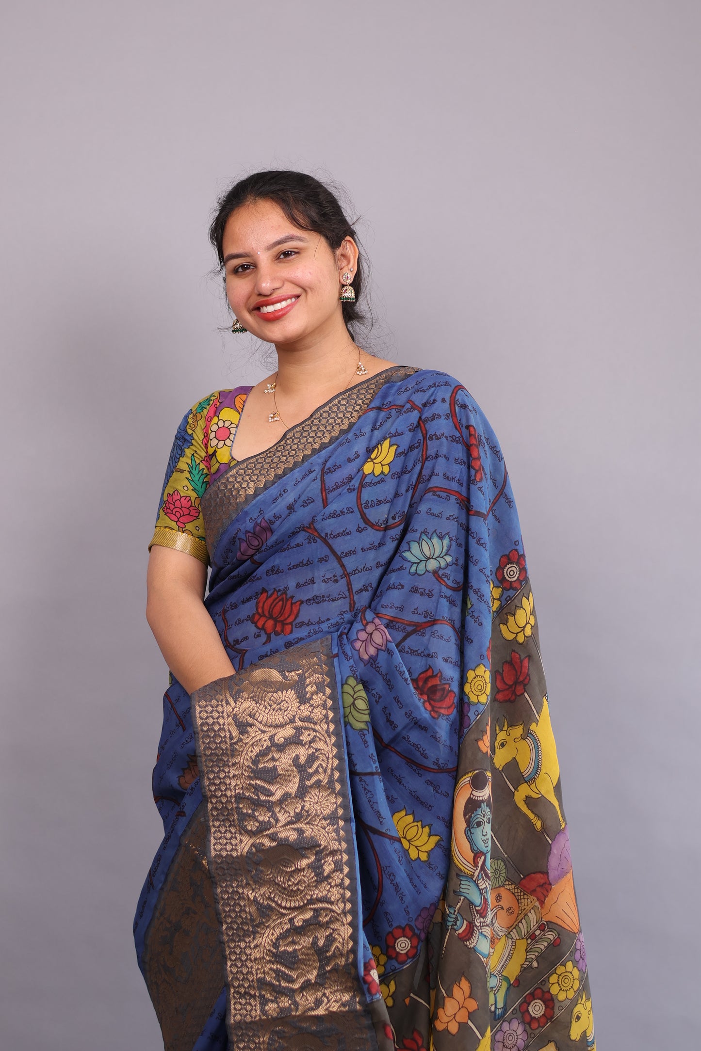 Blue Hand Painted Pen Kalamkari Silk Saree