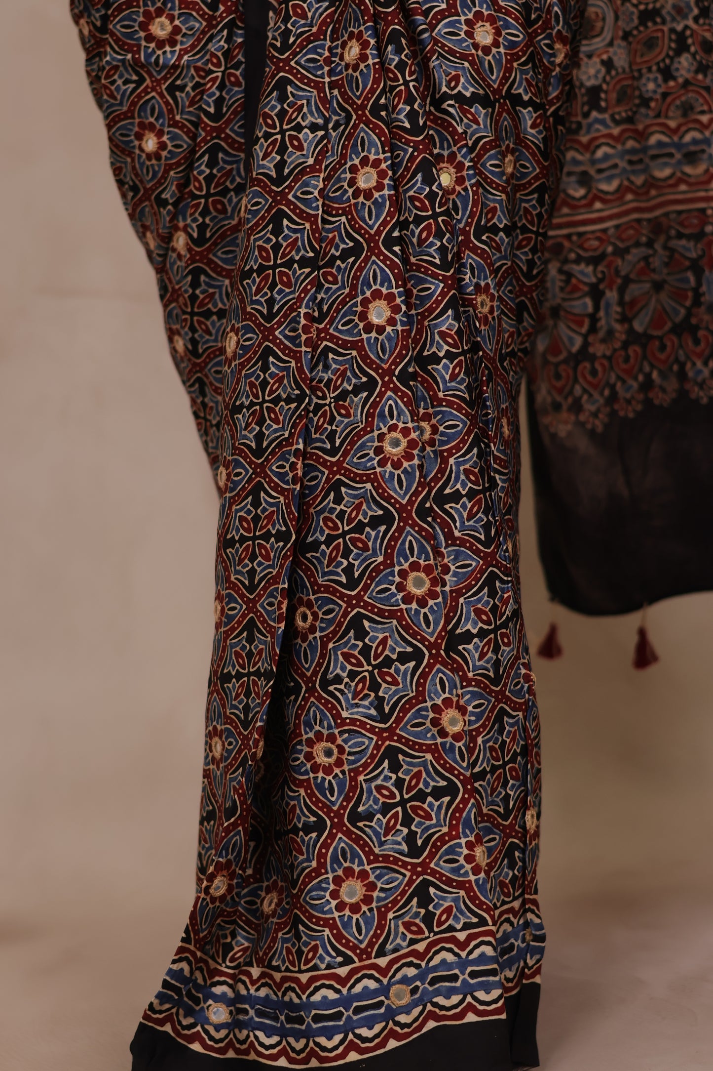 Black Handcrafted Ajrakh Modal Silk Saree with Authentic Banjara Mirror Work | Looms & Tassel