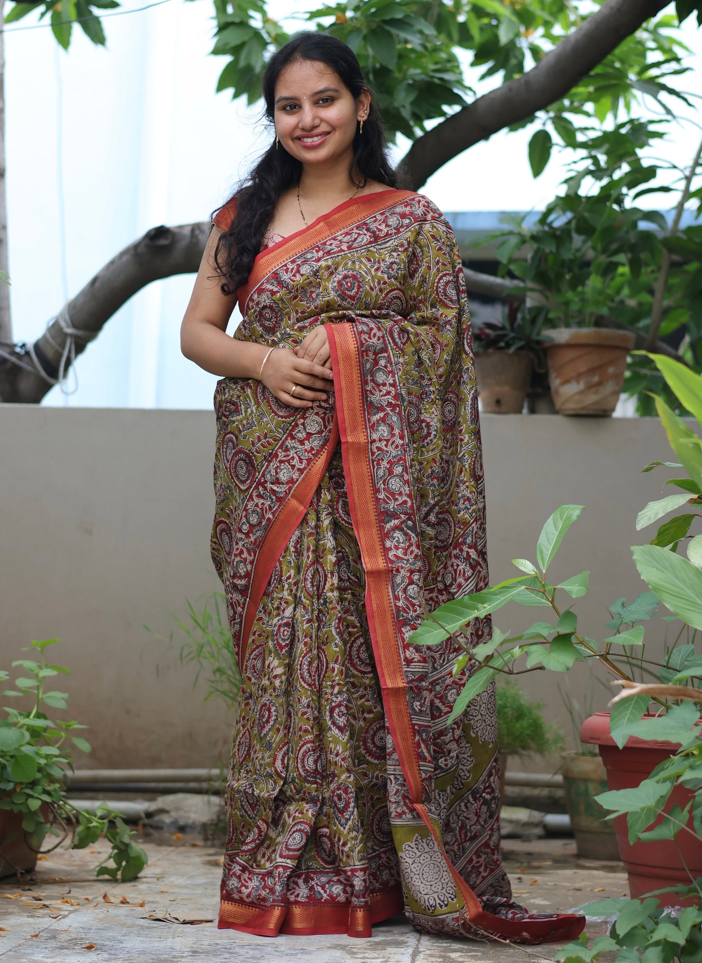 Hand Block Printed Kalamkari Nizam Border Silk Saree