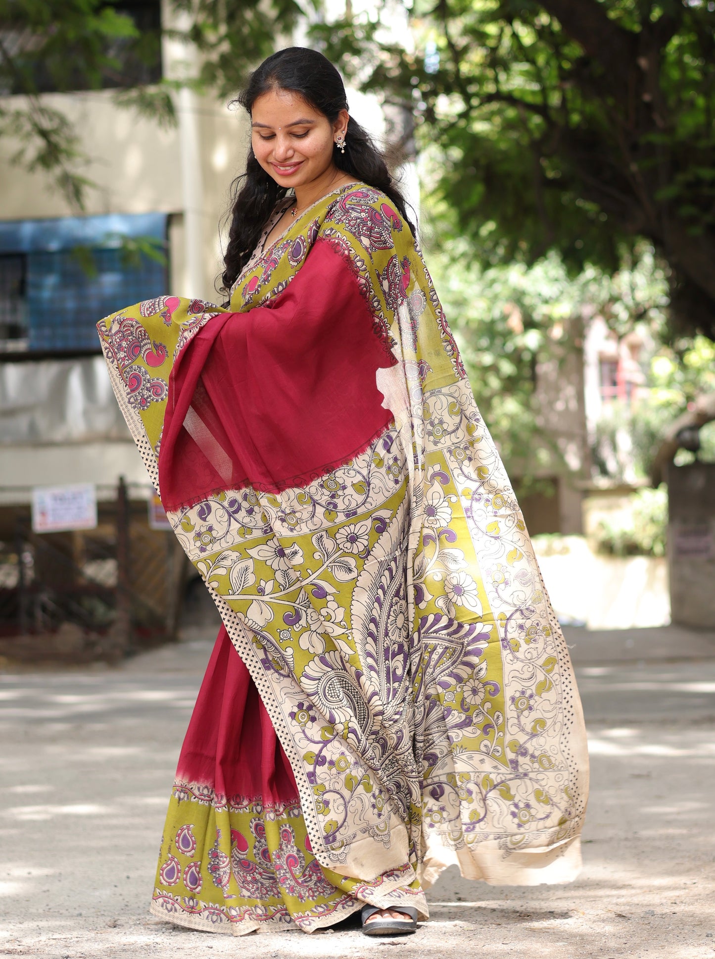 Wine & Green Kalamkari dyeing premium chennur silk saree