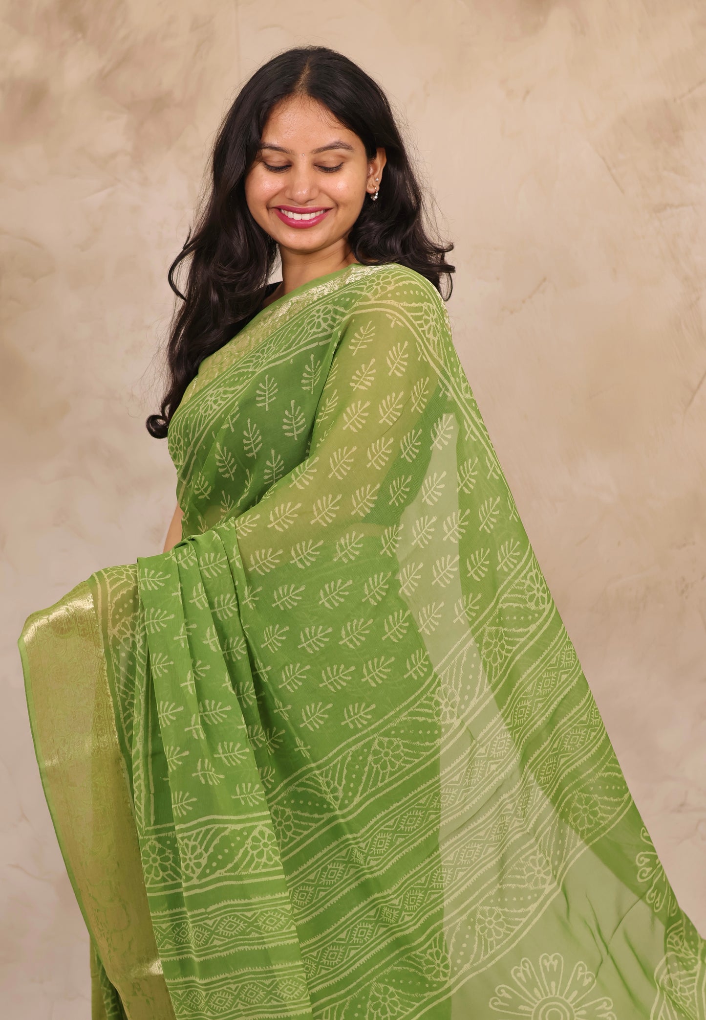Green Chiffon Hand Block Printed Saree with Jari Border | Looms & Tassels