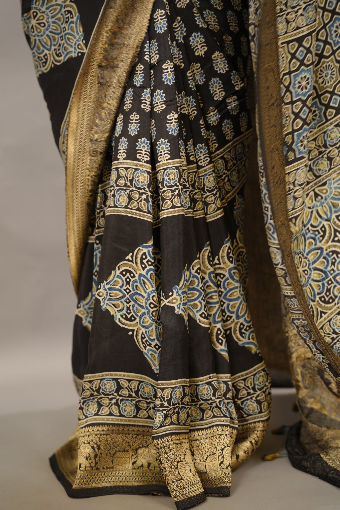 Ajrakh Handblock printed Dola Silk Saree | Looms & Tassels