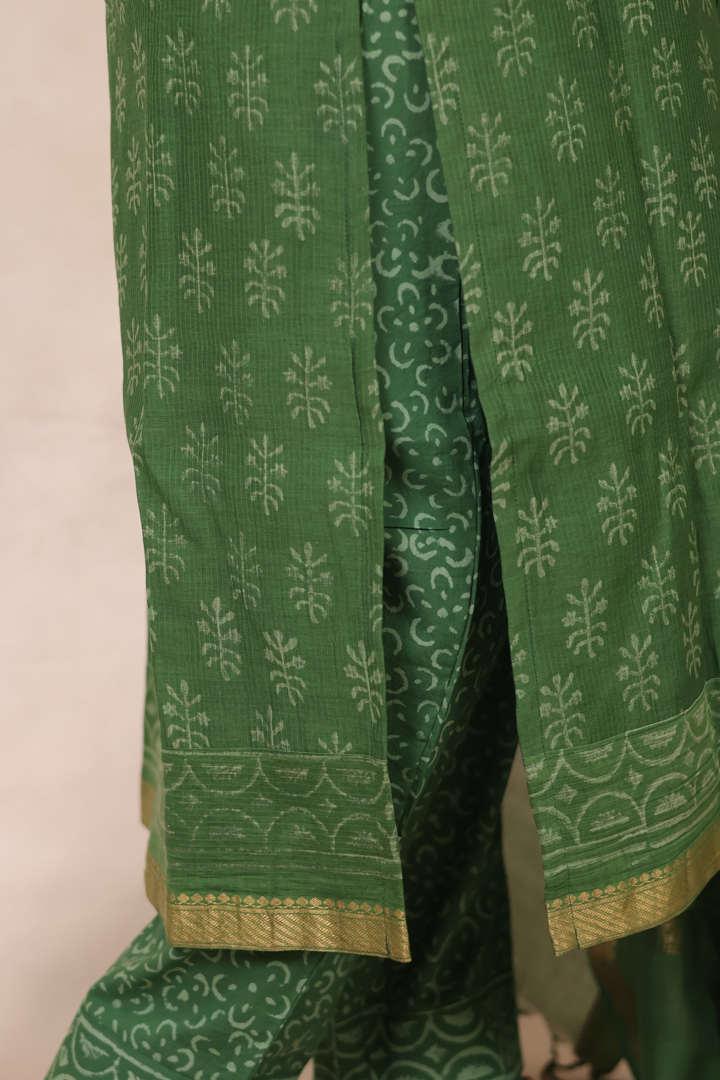 Green Handblock printed Pure Maheswari Silk 3 piece suit (stitched)