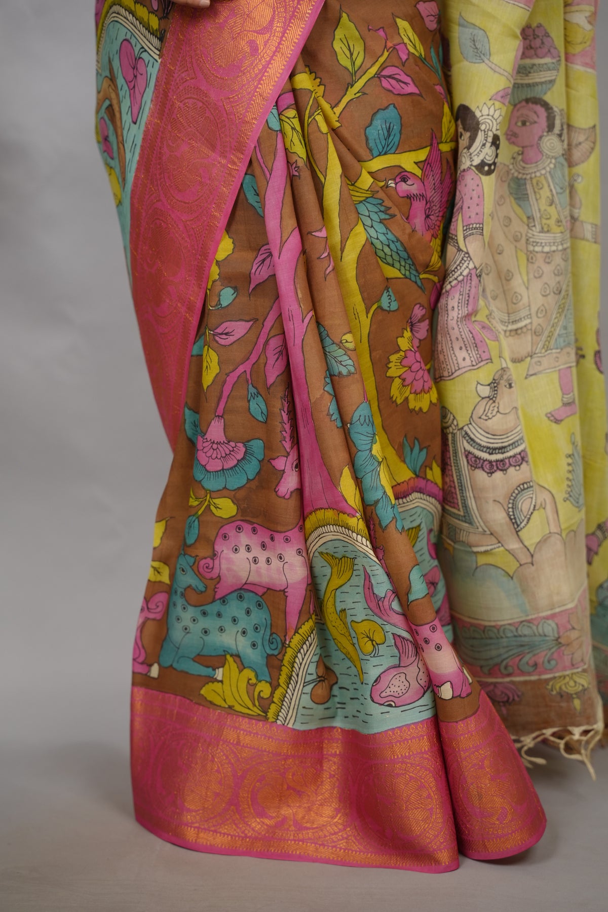 Brown Hand Drawn Pen Kalamkari Bangalore Silk Kanchi Border Saree | Looms & Tassels