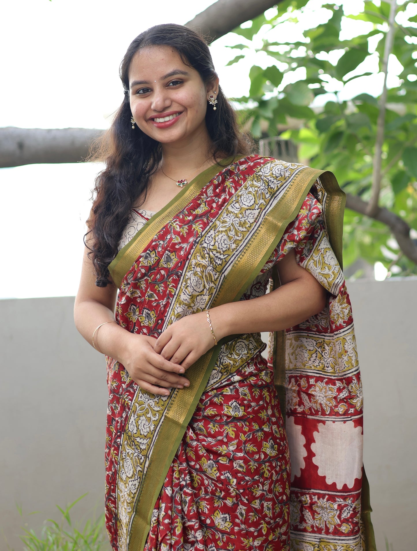 Red Hand Block Printed Kalamkari Nizam Border Silk Sare
