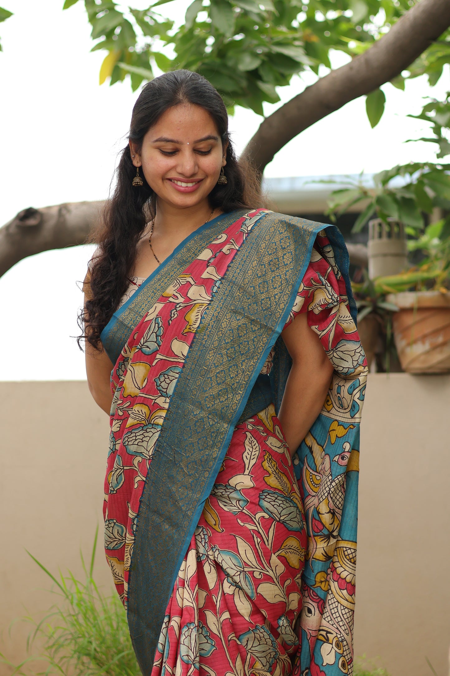 Pink Kanchi border Kalamkari chennur silk saree