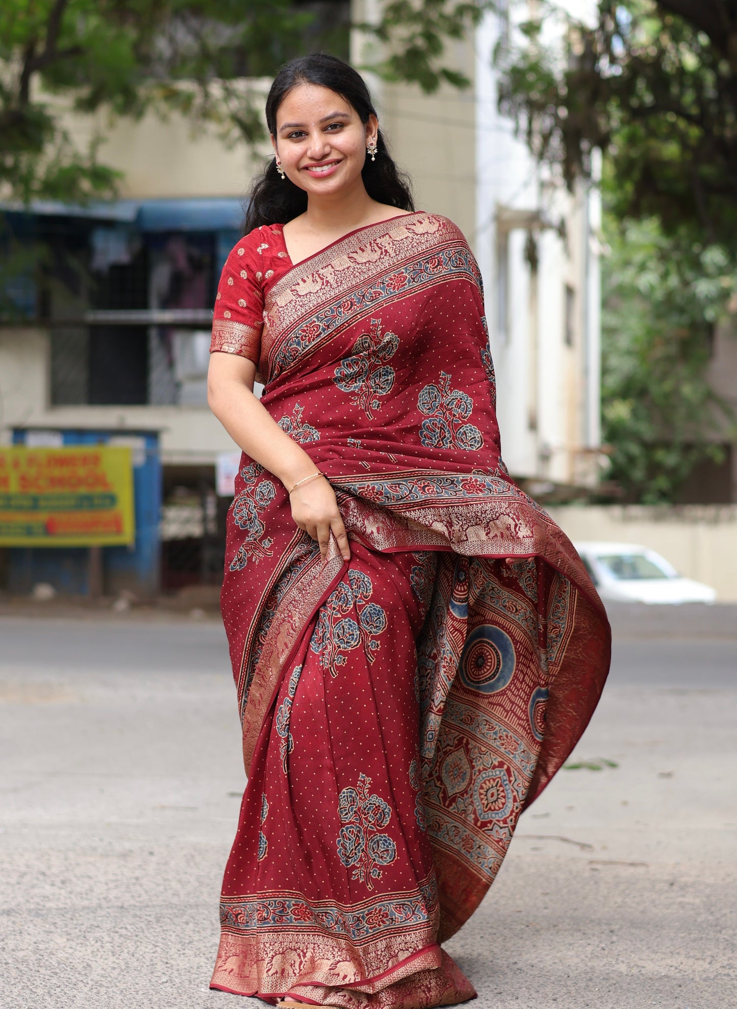 Maroon Ajrakh Dola Silk Saree