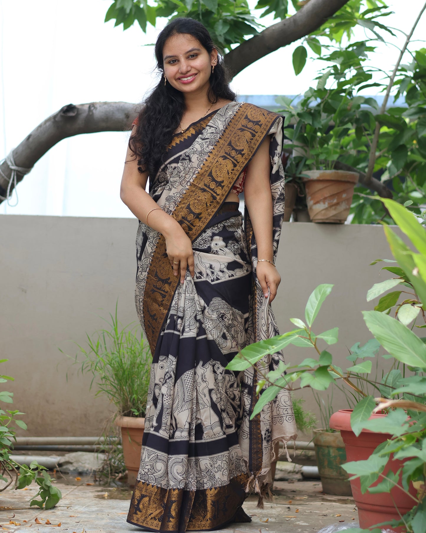 Black Kanchi border Kalamkari chennur silk saree