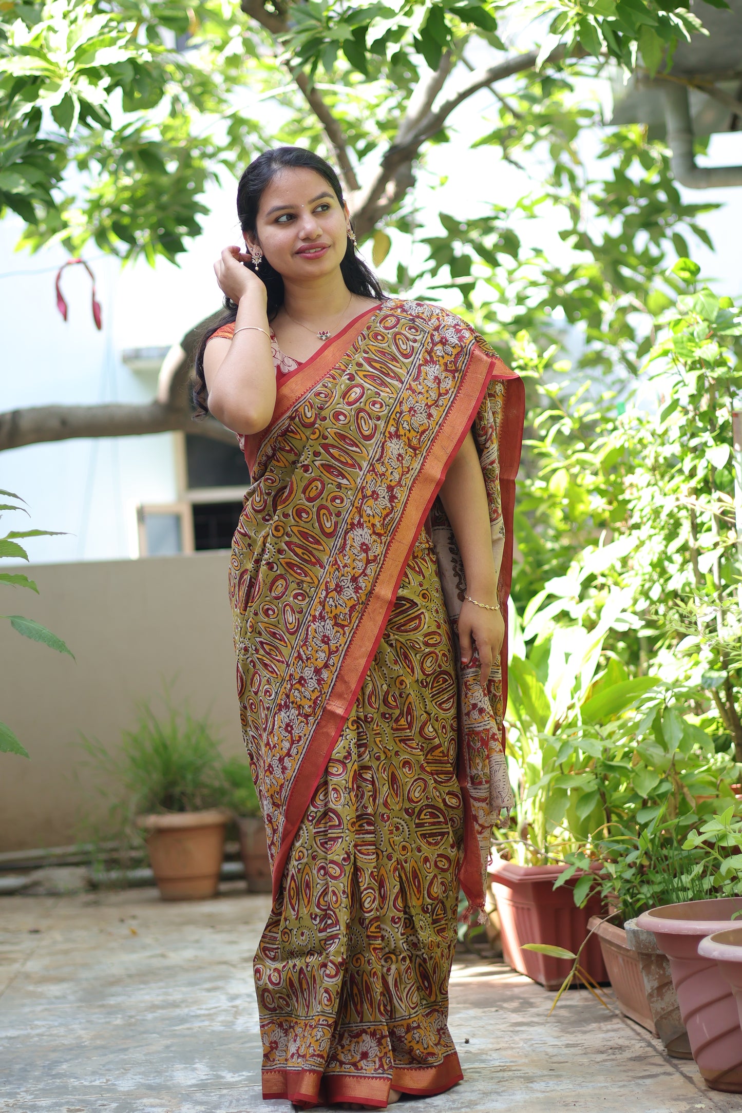 Green Hand Block Printed Kalamkari Nizam Border Silk Sare