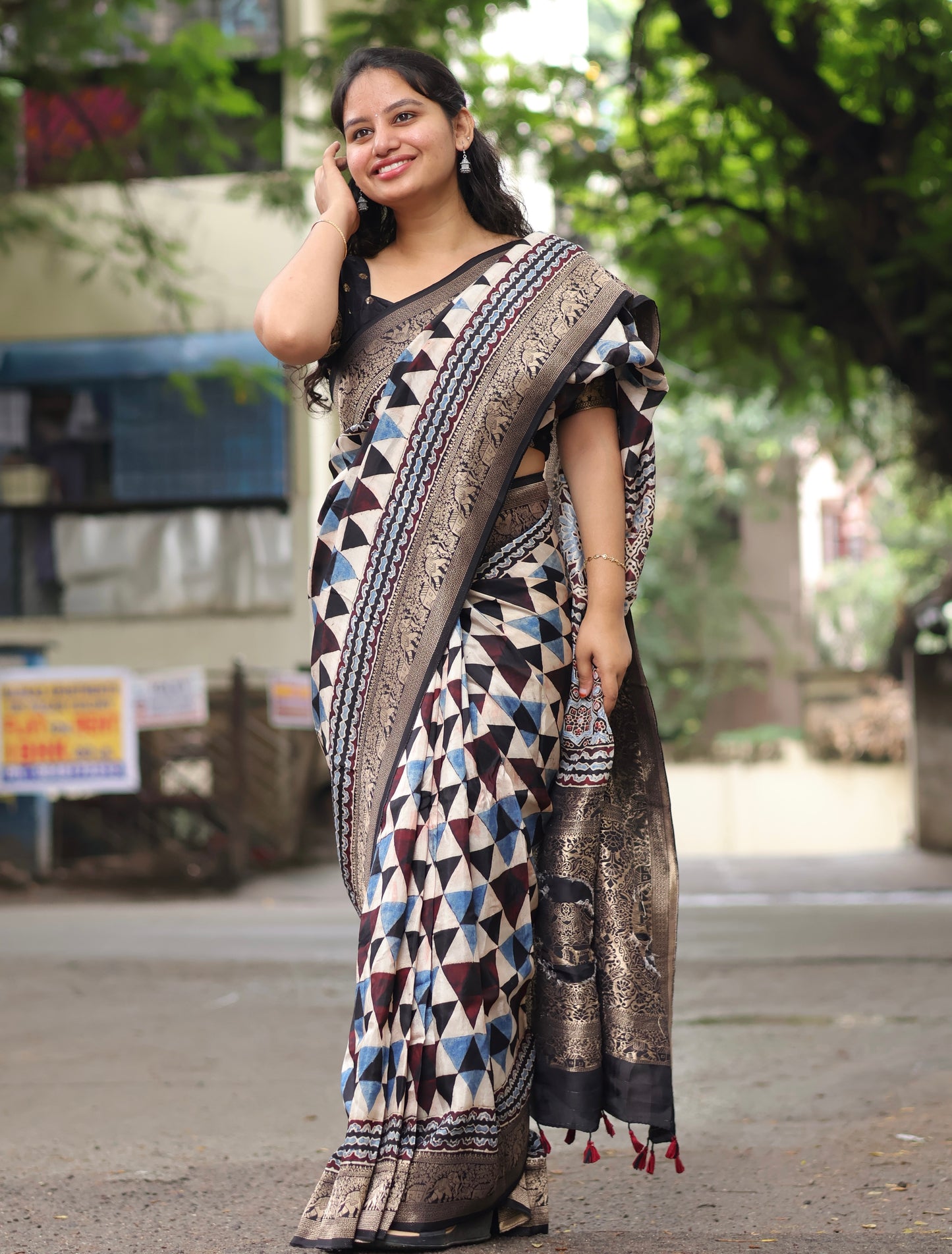 Contemporary Ajrakh Dola Silk Saree