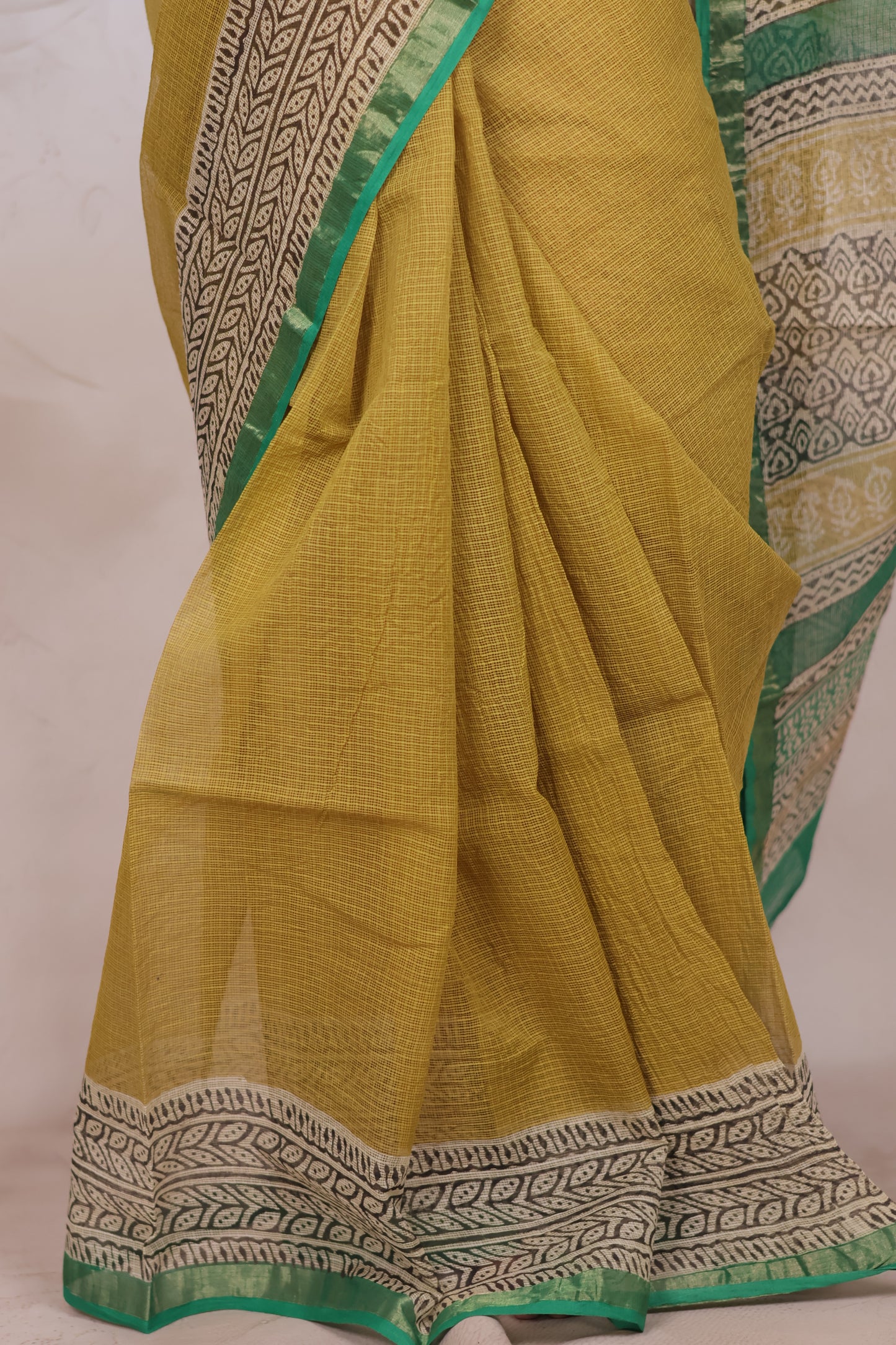 Yellow Pure Kota Doria Saree with Bagru Handblock Prints | Looms & Tassels