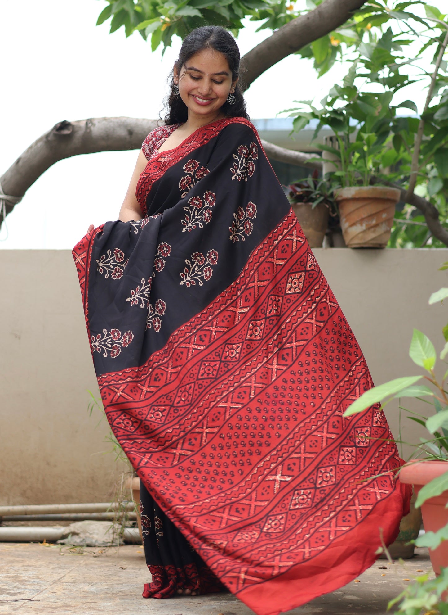 Black Ajrakh Modal Silk Saree