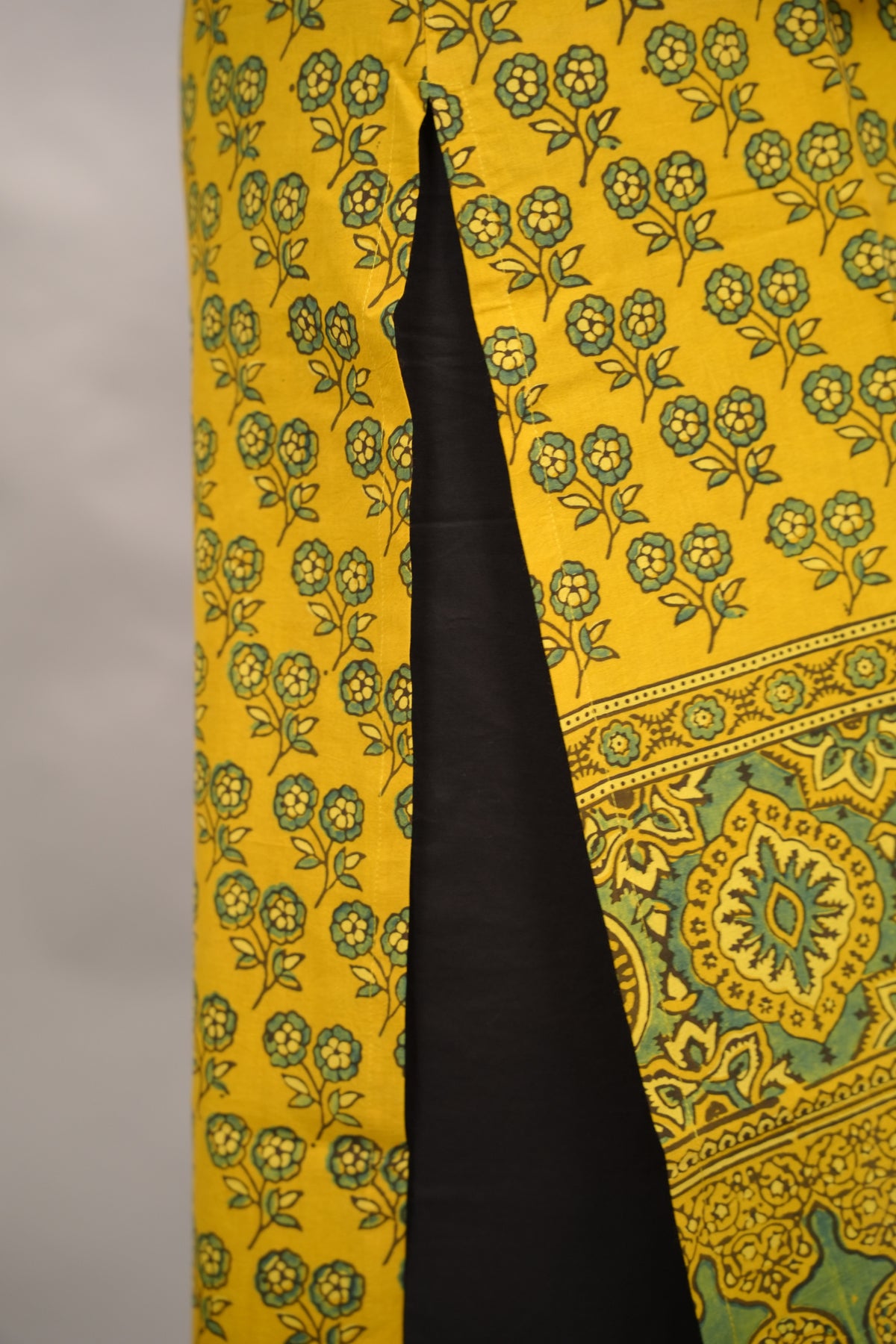 Mustard Yellow Ajrakh Pattern Hand Block printed Kurti | Looms & Tassels