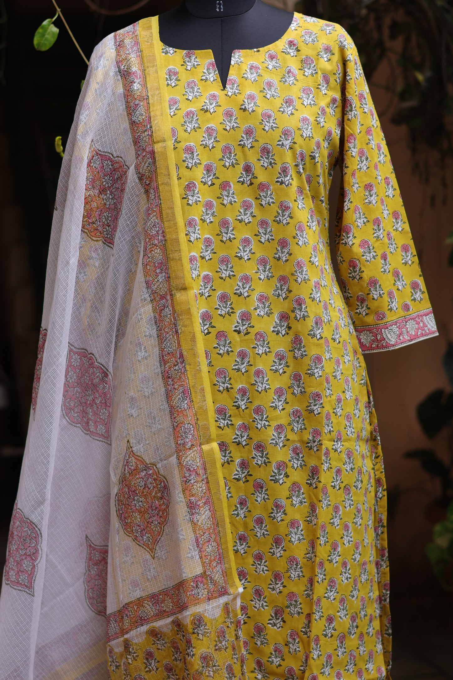 Yellow Handblock printed Pure Mul Cotton with Kota Doria Duppata 3 piece suit (stitched)