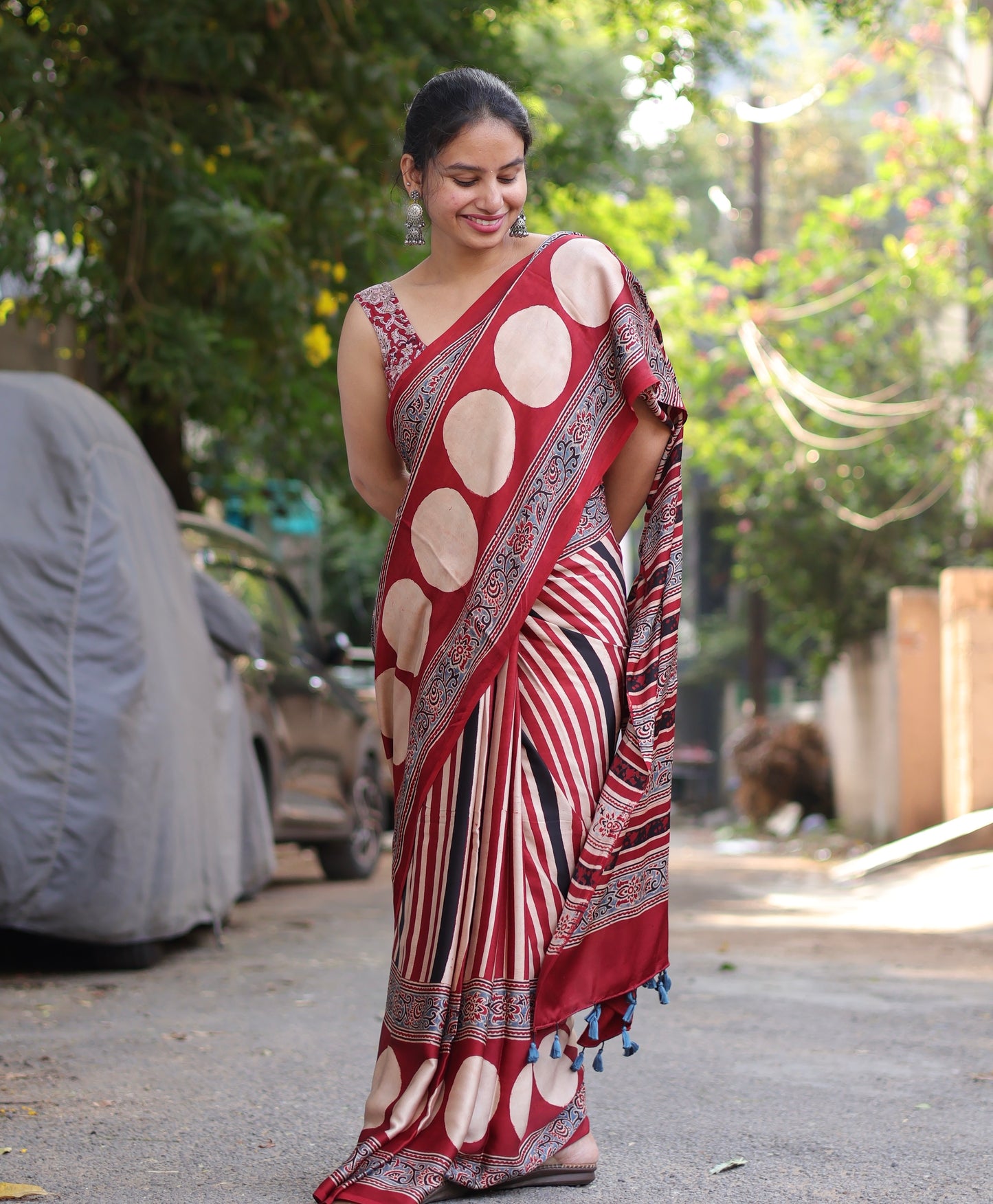 Red Ajrakh Modal Silk Saree