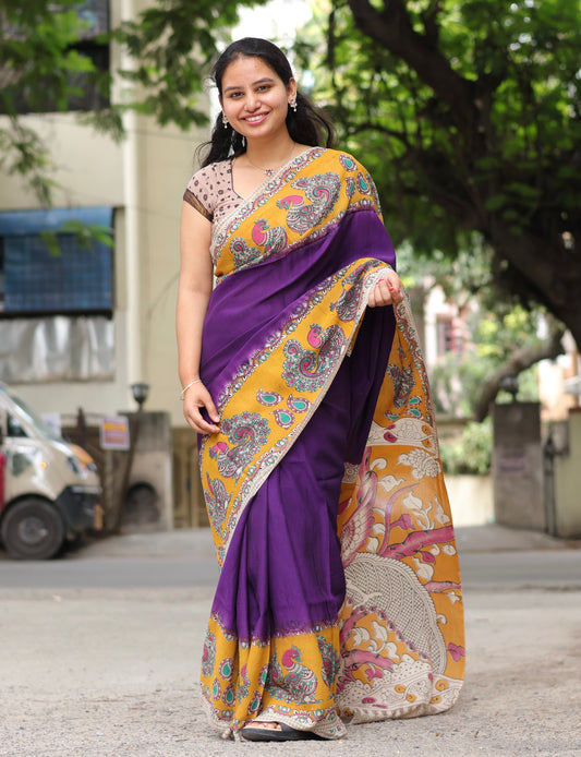 Violet & Yellow Kalamkari dyeing premium chennur silk saree