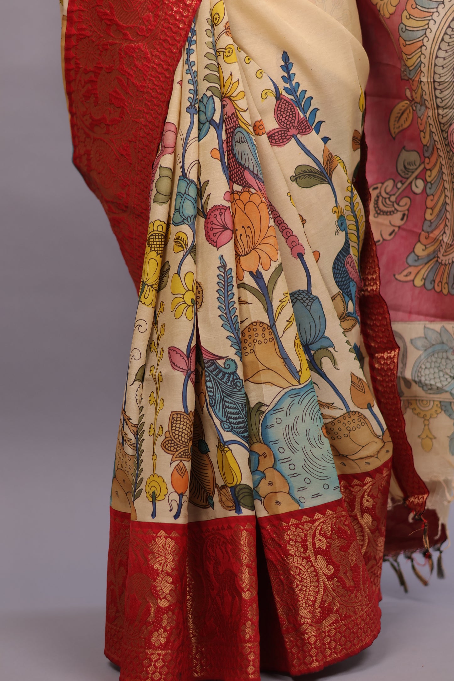 Cream Hand Painted Pen Kalamkari Silk Saree