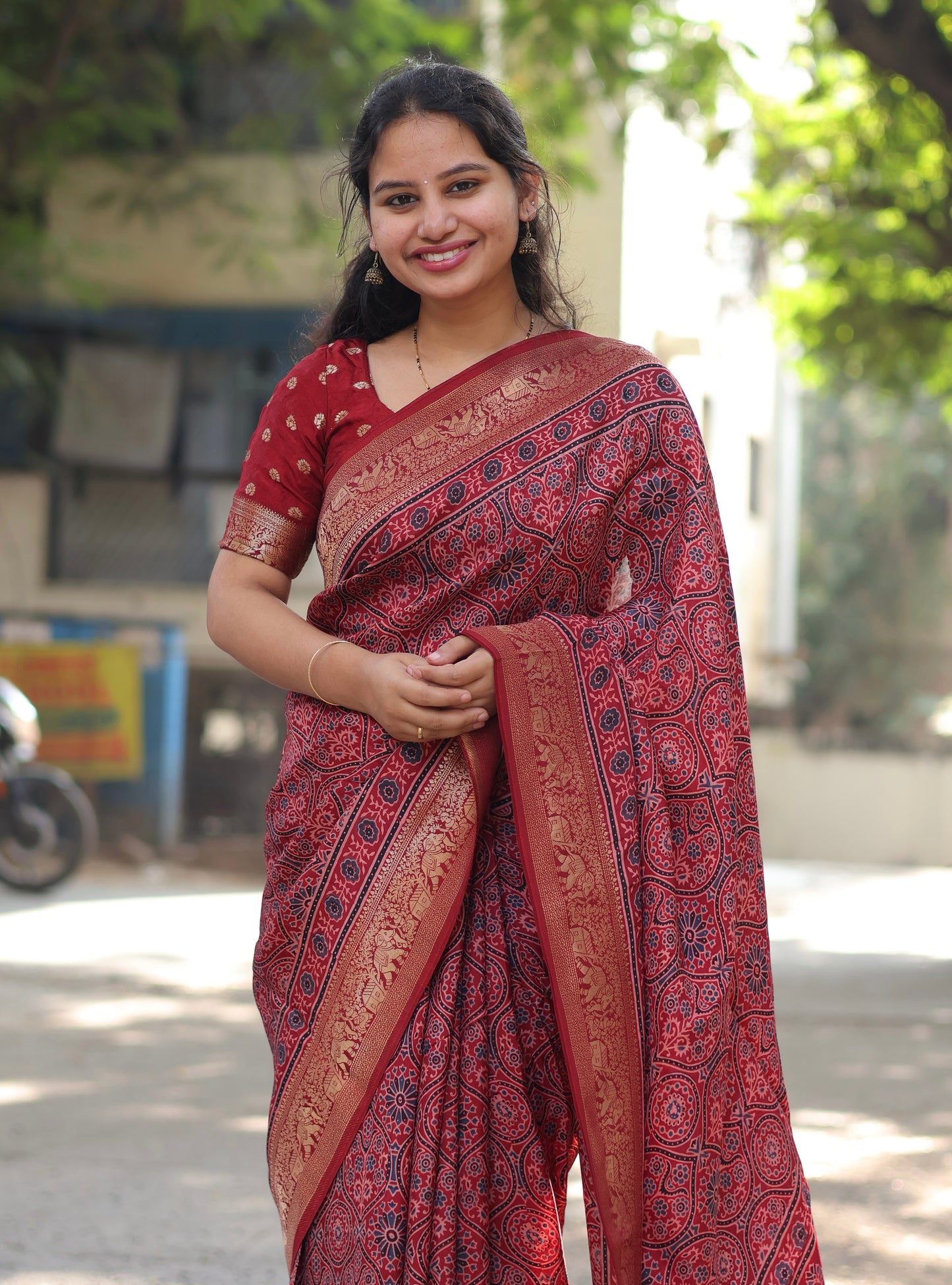 Maroon Traditional Ajrakh Dola Silk Saree