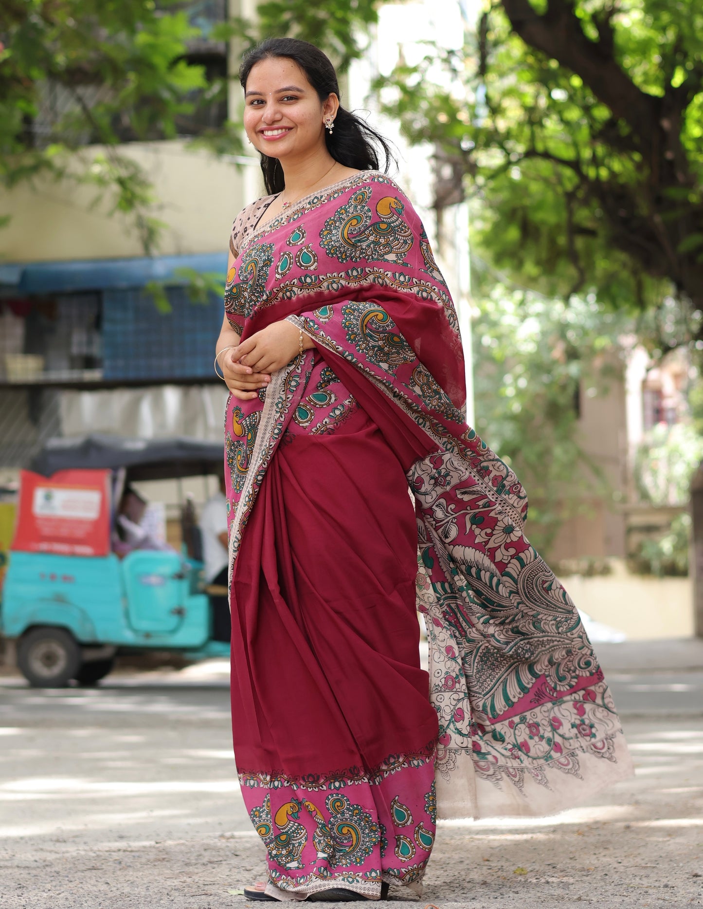 Wine & Pink Kalamkari dyeing premium chennur silk saree