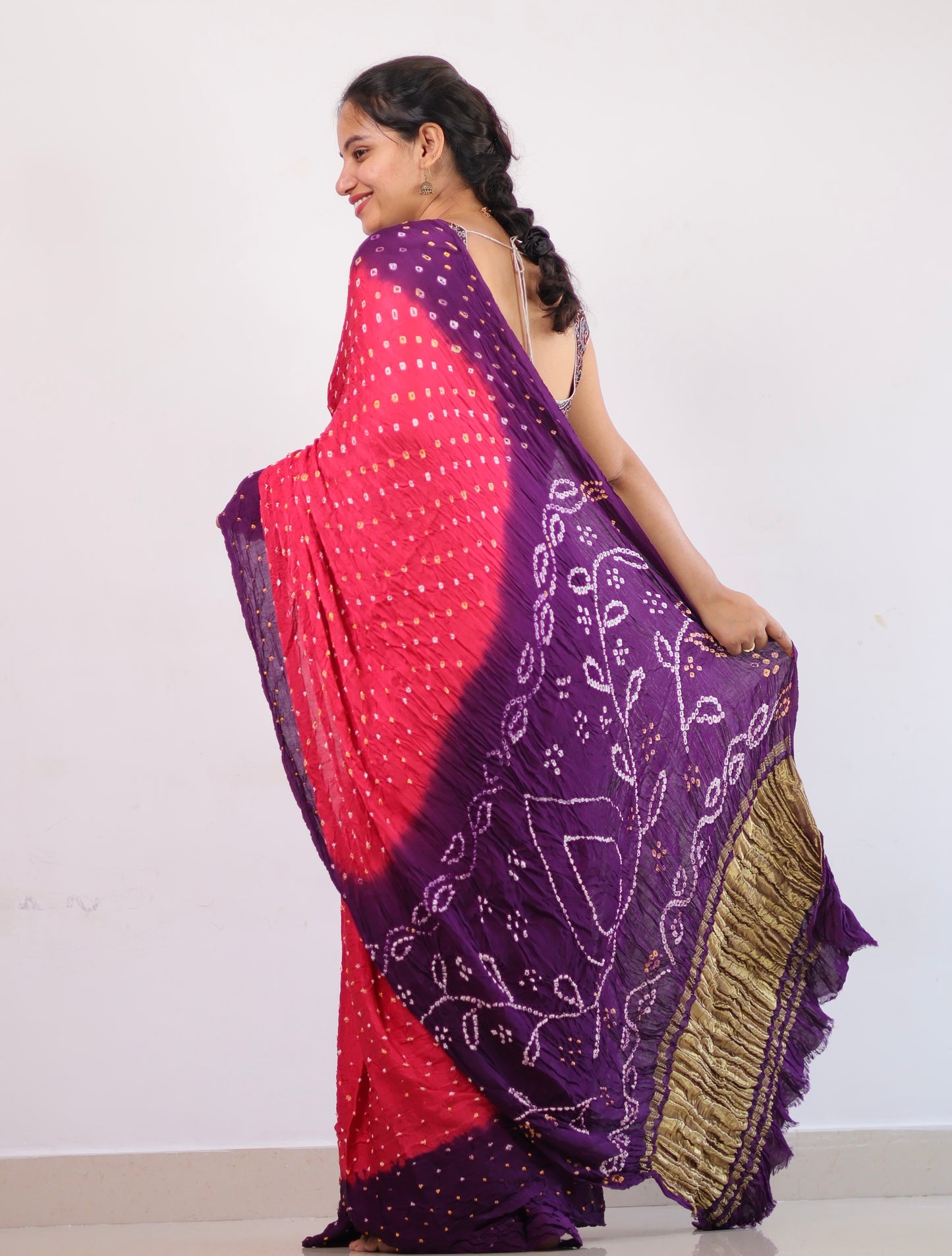 Pink & purple Bandhej Modal Silk Saree