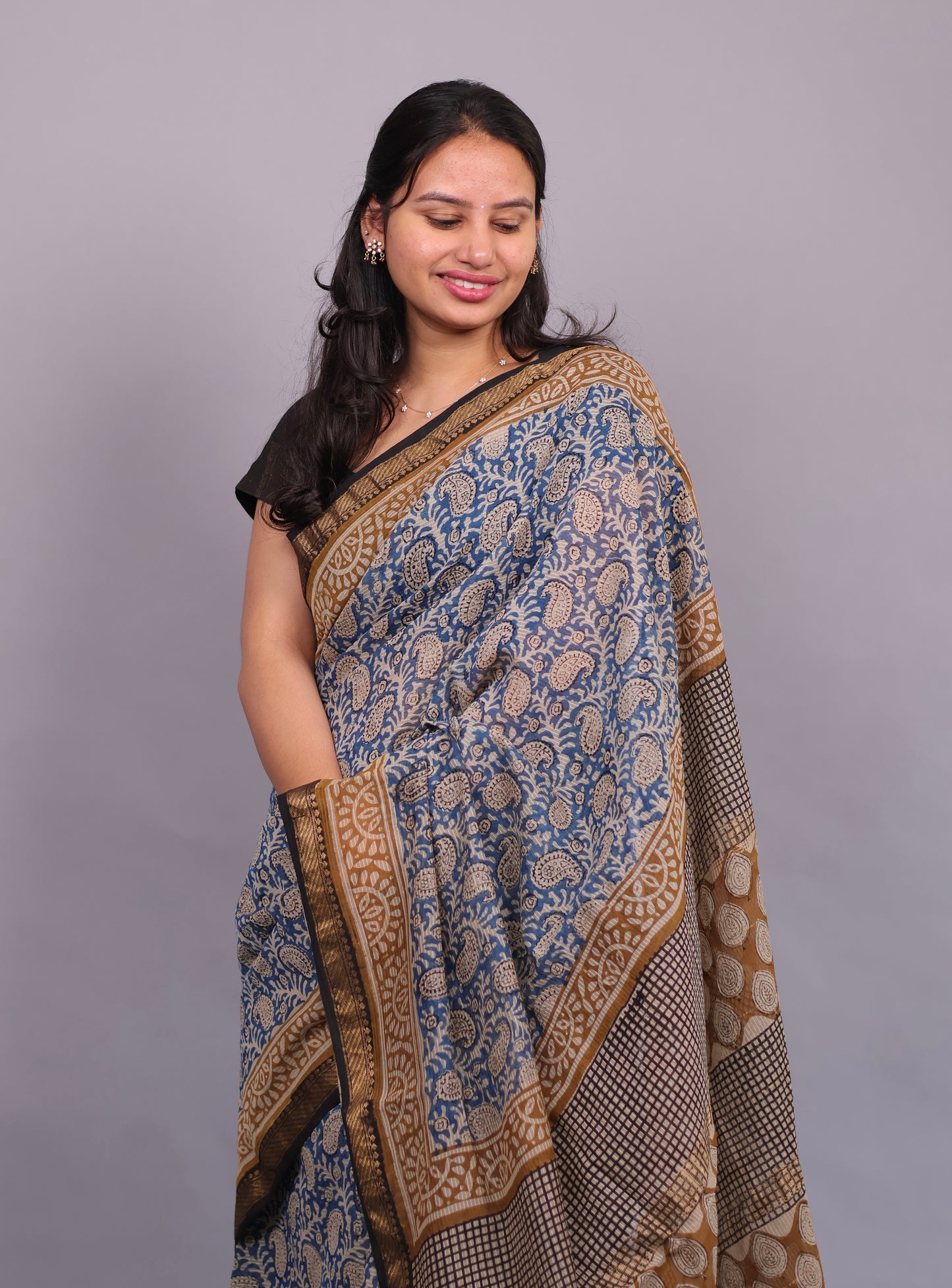 Blue Bagru Hand Block Printed Maheswari Silk Cotton Saree