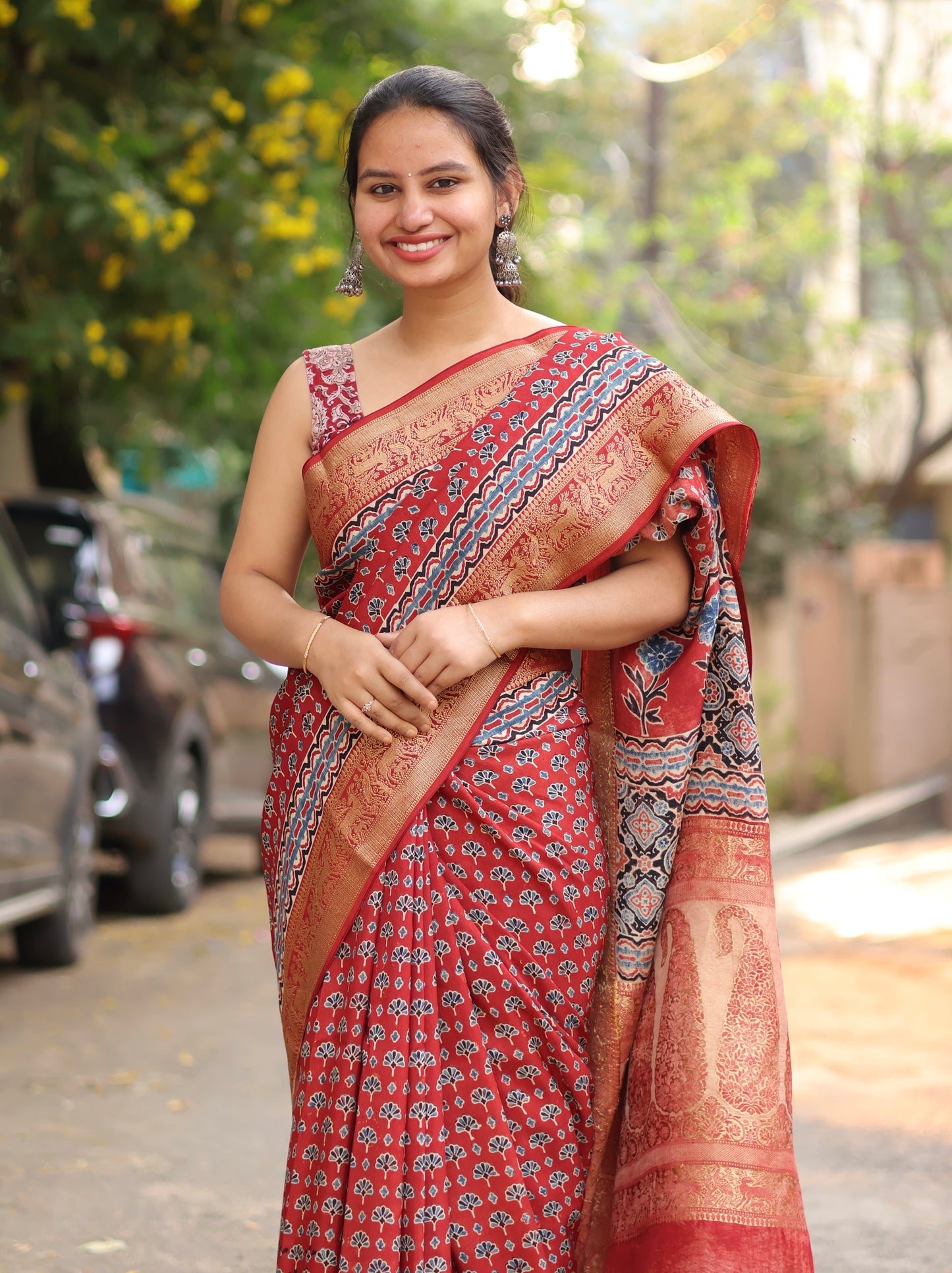 Red Ajrakh Dola Silk Saree