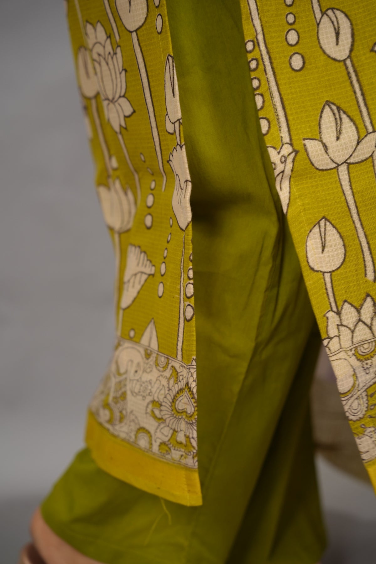 Lemon Green Kalamkari Kota Cotton 3 piece suit (stitched) | Looms & Tassels