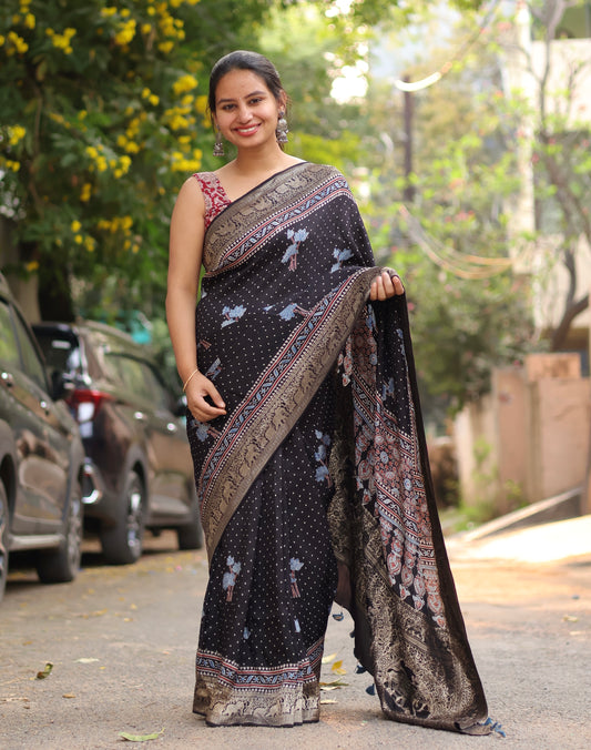 Black Ajrakh Dola Silk Saree
