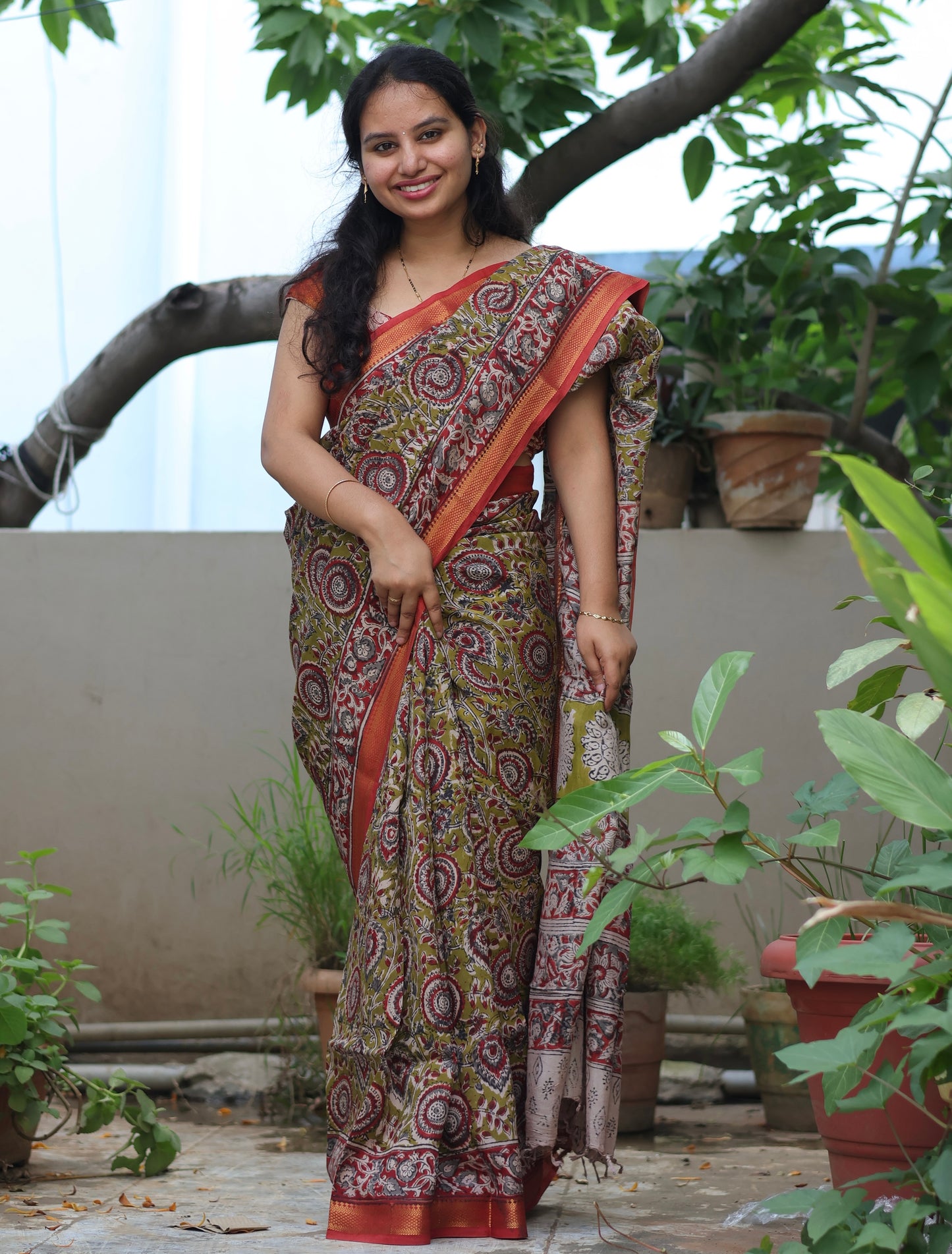 Hand Block Printed Kalamkari Nizam Border Silk Saree