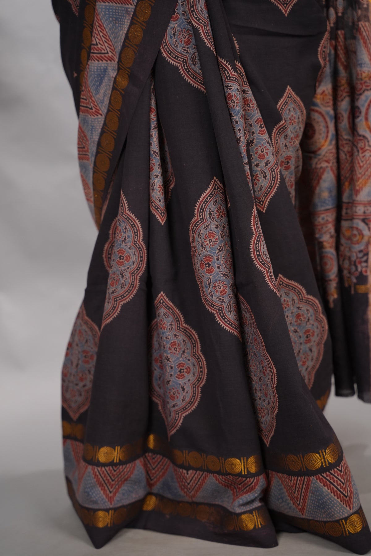 Black Ajrakh Hand Block Printed Sungudi Cotton Saree | Looms & Tassels