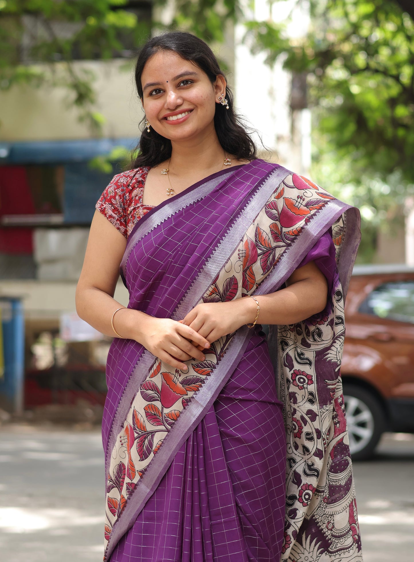 Purple Checks Kalamkari dyeing premium chennur silk saree