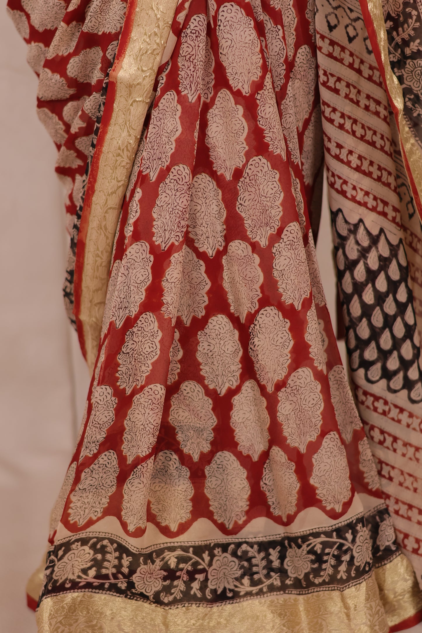 Maroon Chiffon Hand Block Printed Saree with Jari Border | Looms & Tassels