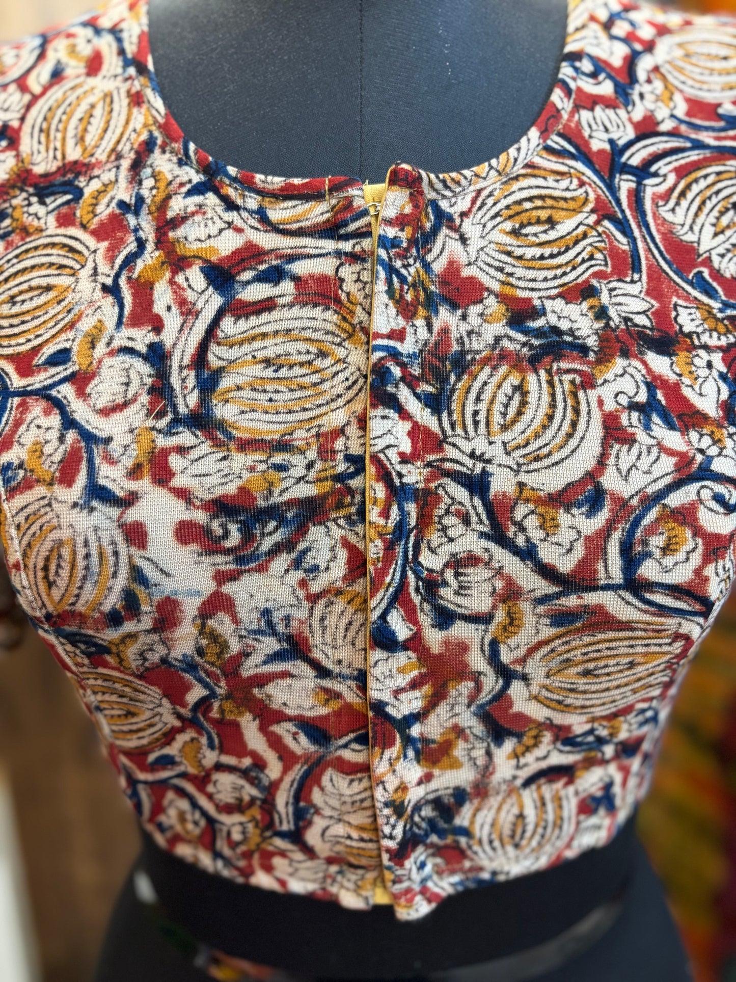Round neck Stretchable Hand block printed kalamkari blouse with front hooks
